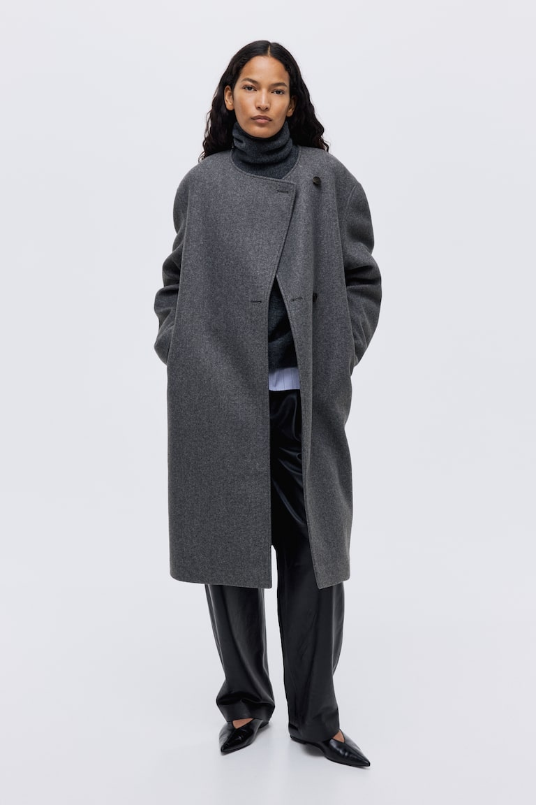 Scarf-detail coat Dark grey marl Ladies H&M