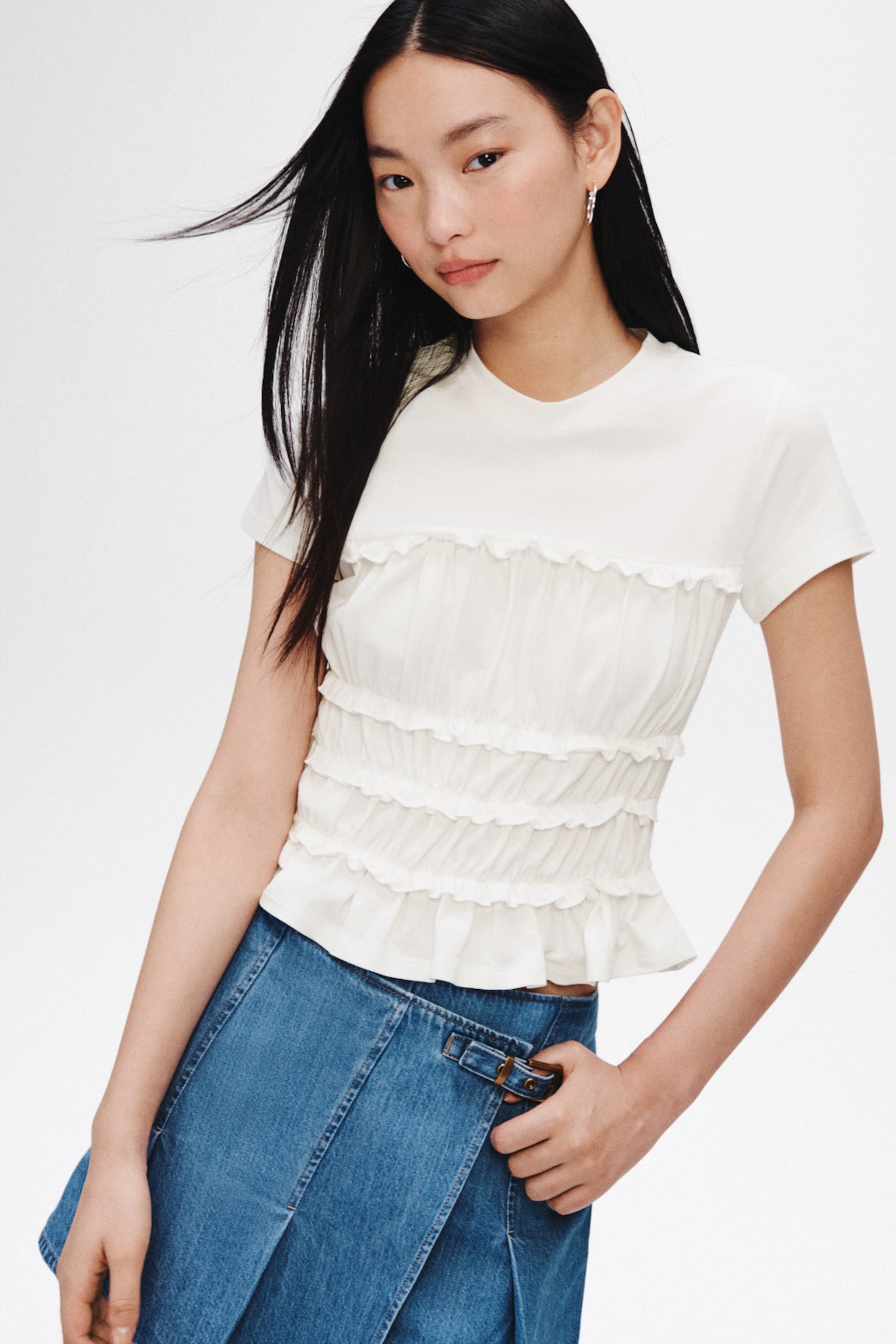 Frill-trimmed cotton top - White/Light blue/Red - 3