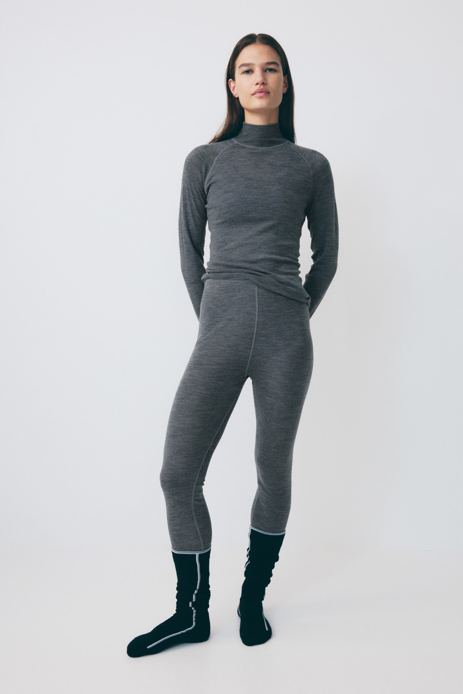 Wool ski base layer leggings - Grey marl/Black/Aubergine purple - 3