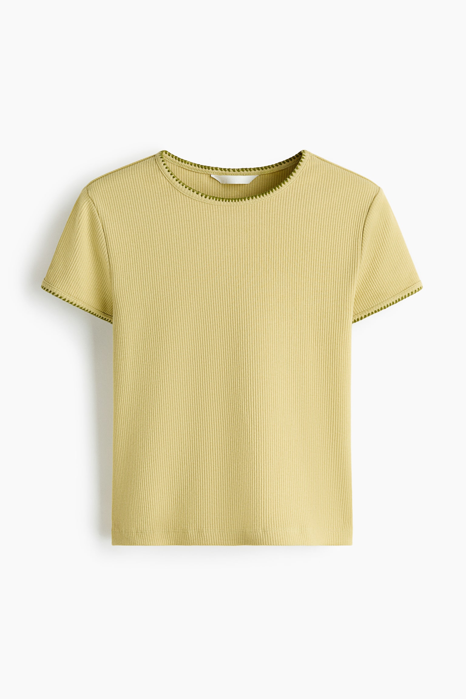 A light yellow-green ribbed t-shirt featuring a crew neck, short sleeves, and darker green scalloped trim along the neckline and sleeve hems. - 1