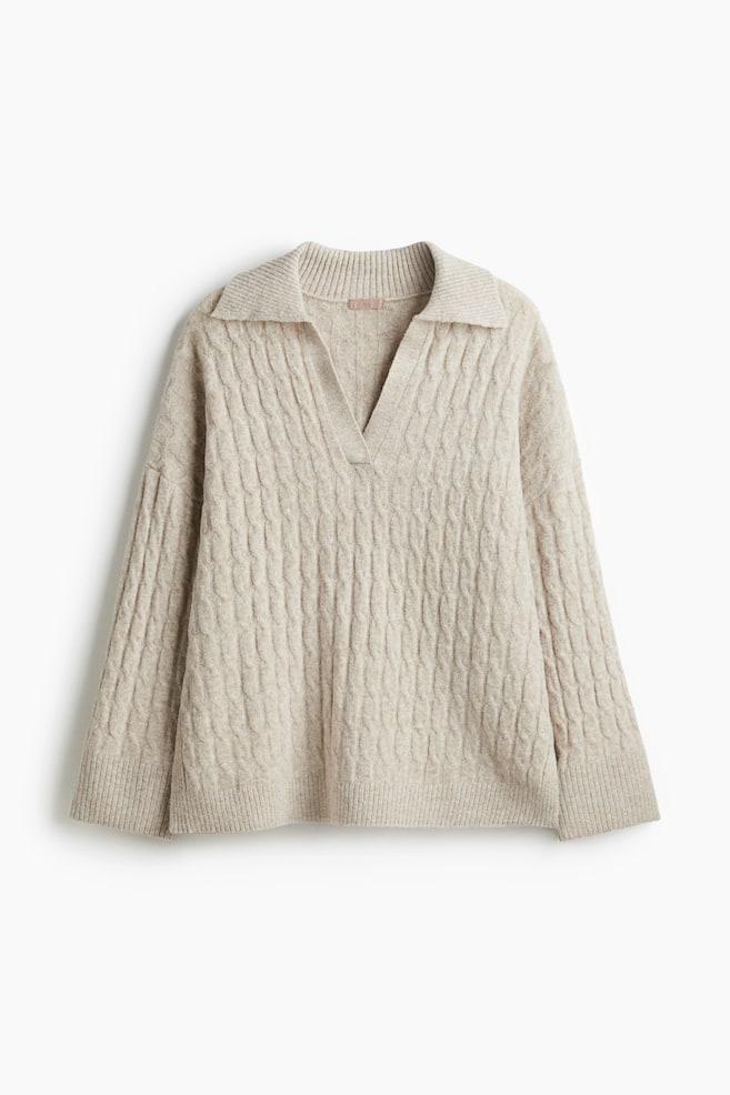 Cable-Knit Polo Sweater - Beige/Beige/Dark gray melange/Light gray melange - 1