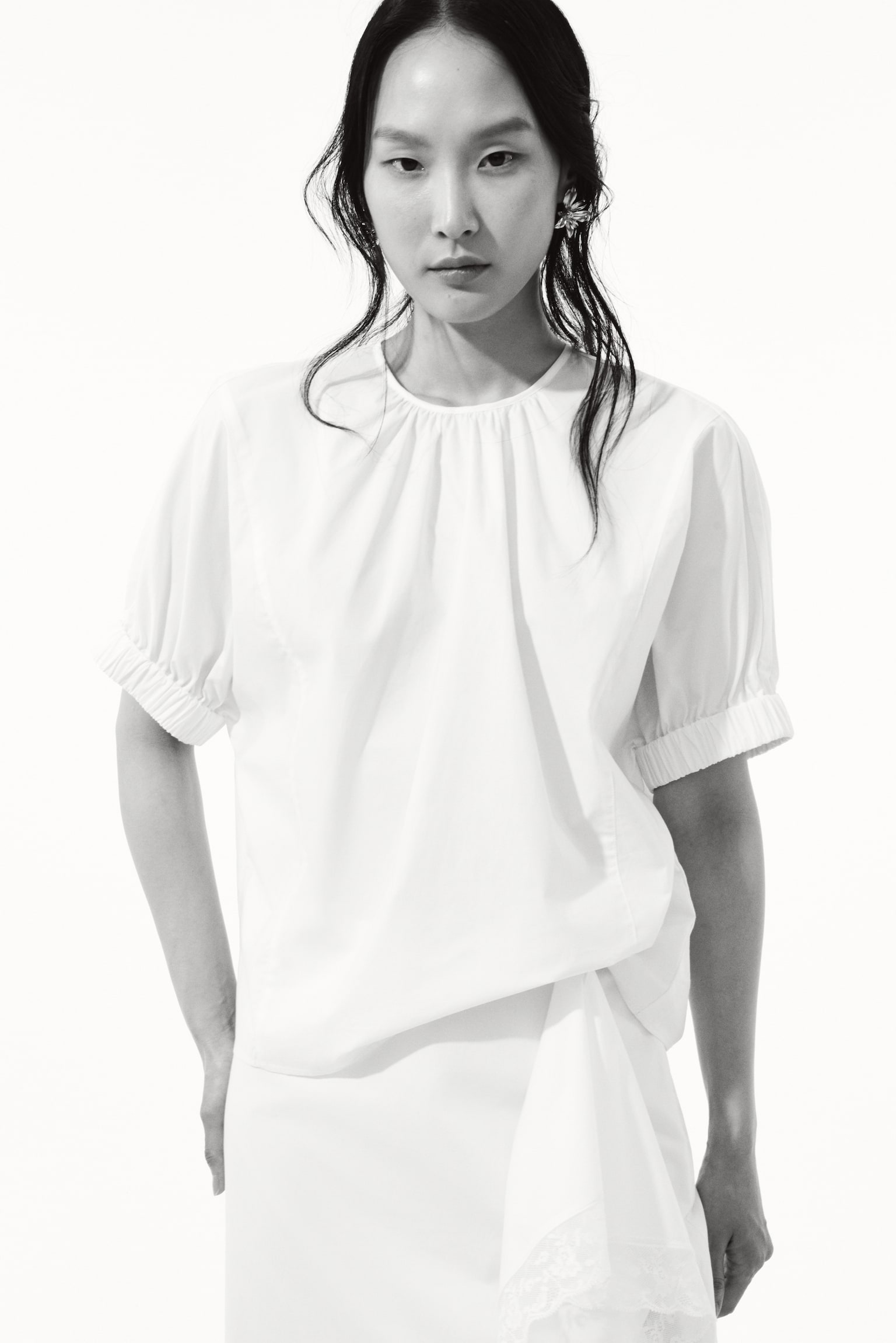 Batwing-Sleeved Cotton Top - Cream/Light dusty beige - 1