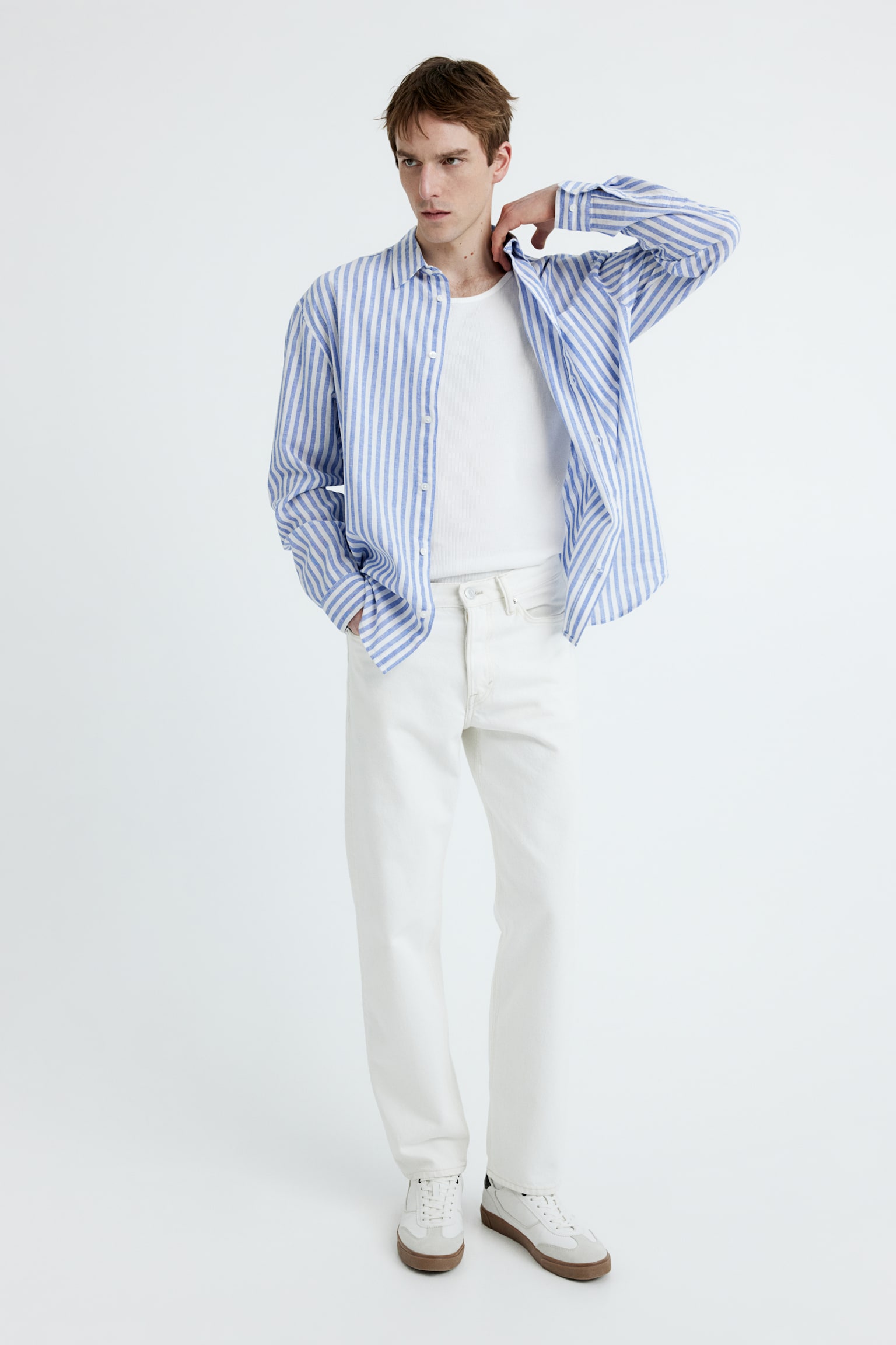 Relaxed Fit Linen Blend Shirt - Light blue/White stripe/Khaki green/Stripe/White/Light blue/Beige - 4