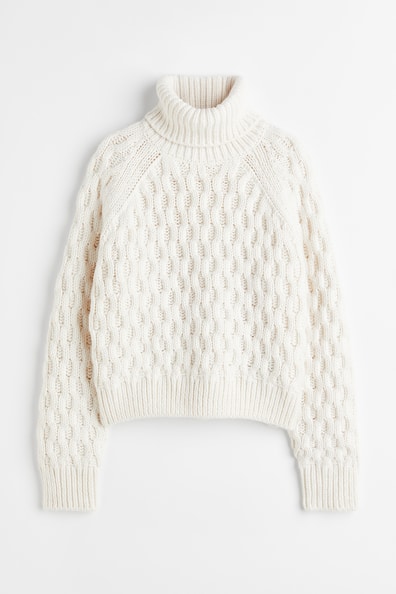 Cable-knit polo-neck jumper - Polo-neck - Long sleeve - Natural white ...