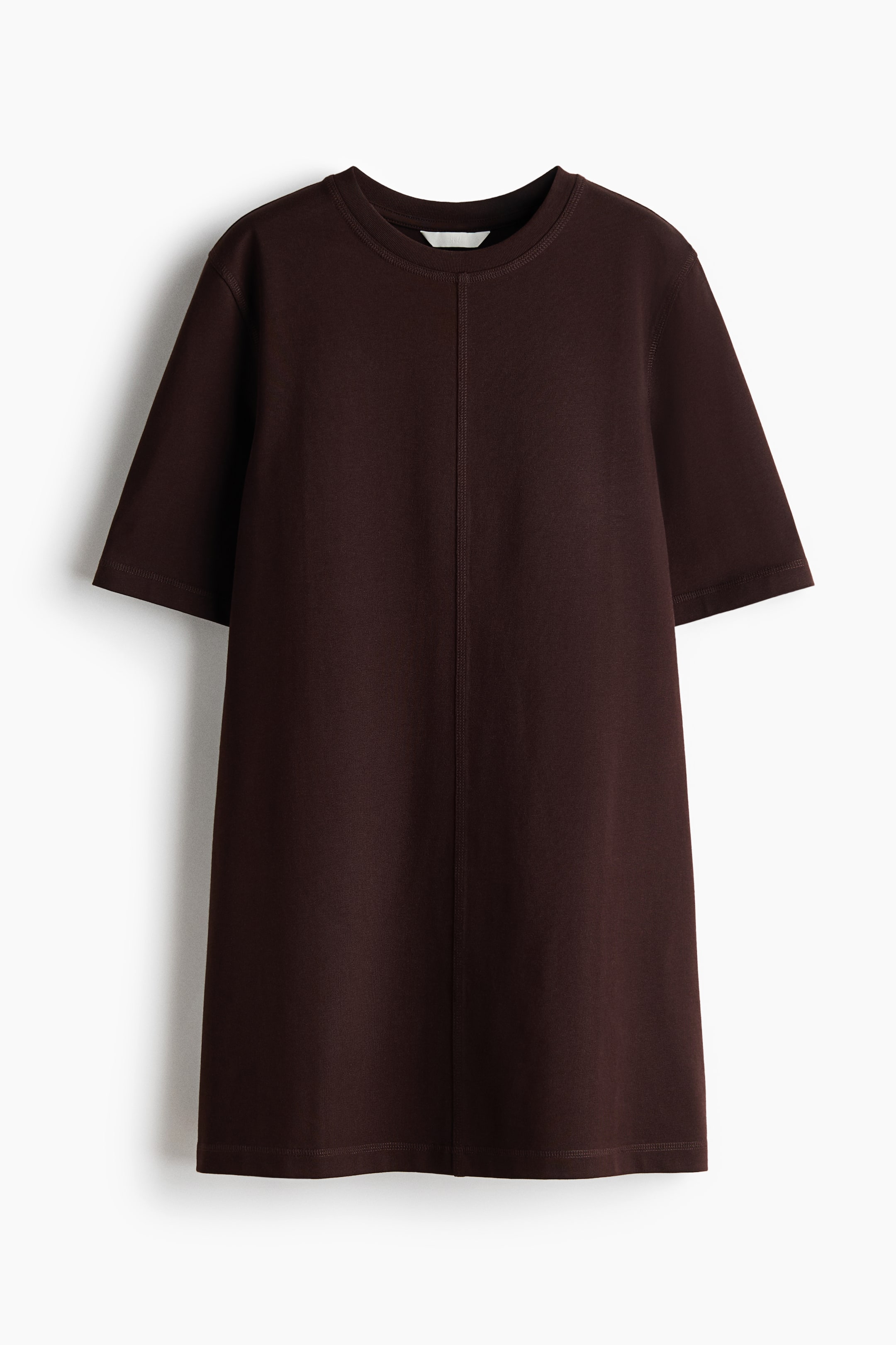 View larger image: A dark brown short-sleeved dress is facing front, featuring a round neckline, a vertical seam running down the centre front, and a straight, relaxed fit with a hem ending above the knee.