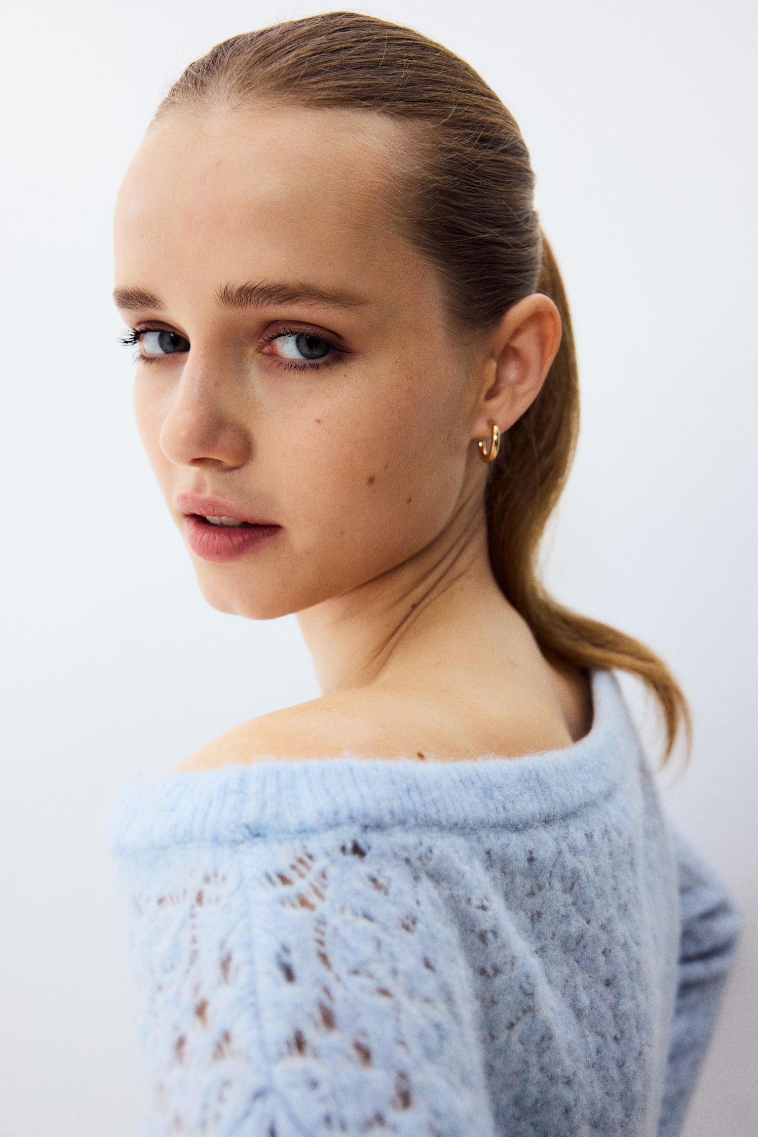 Pointelle-knit off-the-shoulder jumper - Light blue/Light pink/Light grey - 4