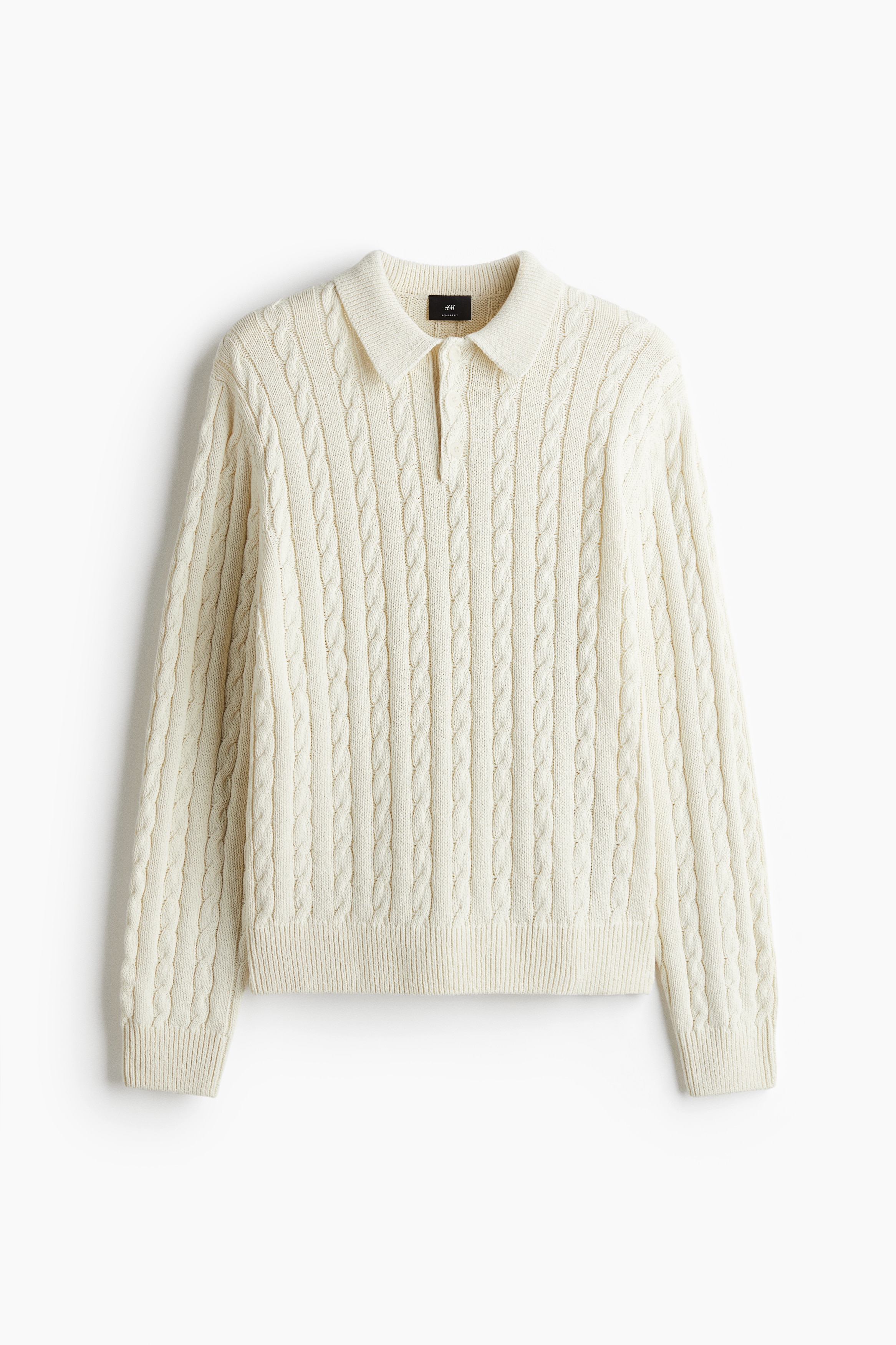 Regular Fit Cable Knit Polo Sweater - Cream/Navy blue