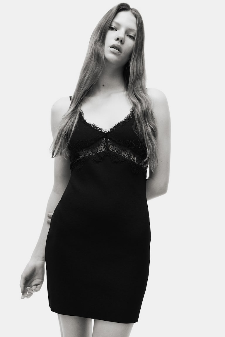 slim fit dress slacks Jody Lace Cocktail Dress in Black