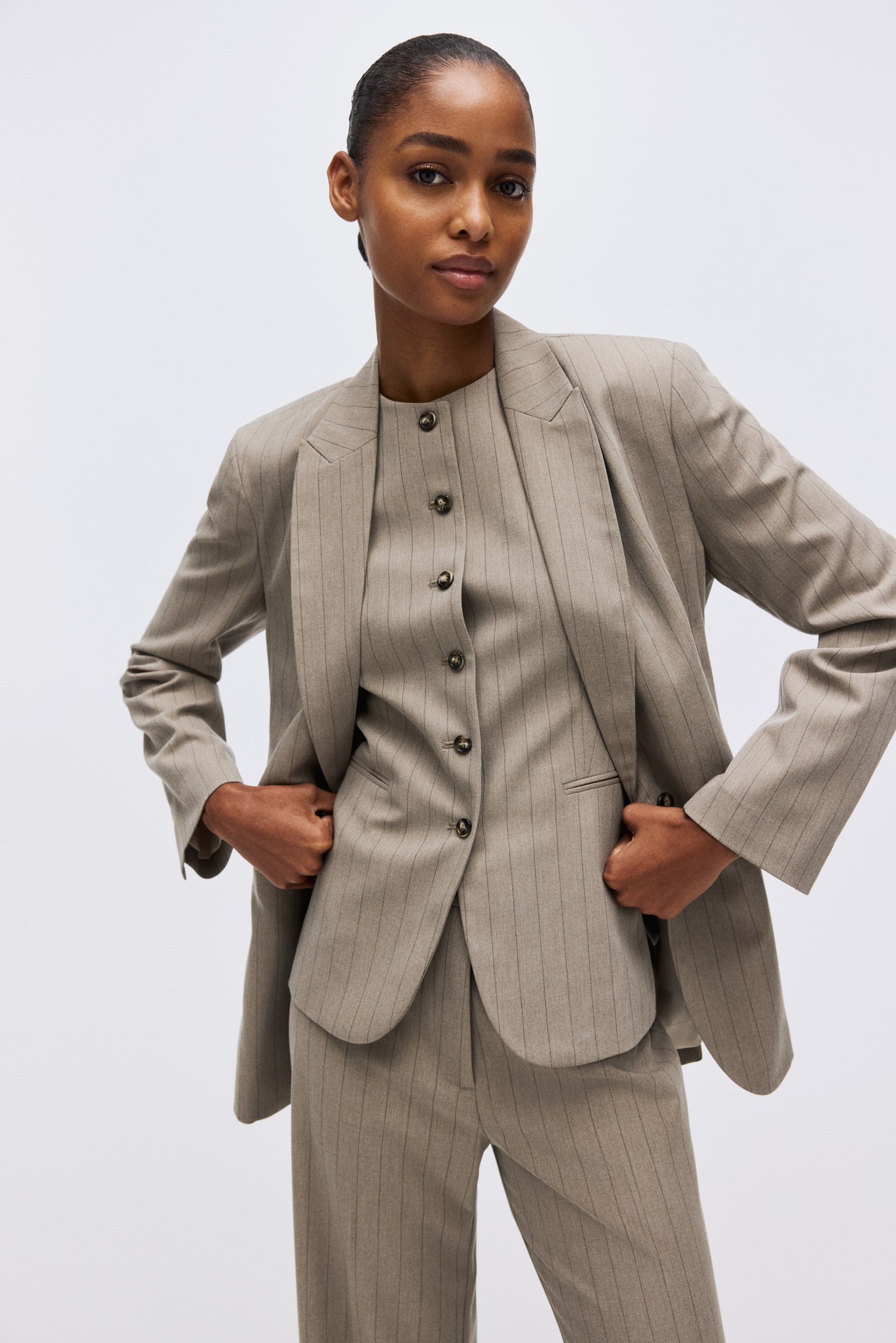 Utsvängd byxa - Gråbeige/Kritstrecksrandig - 3