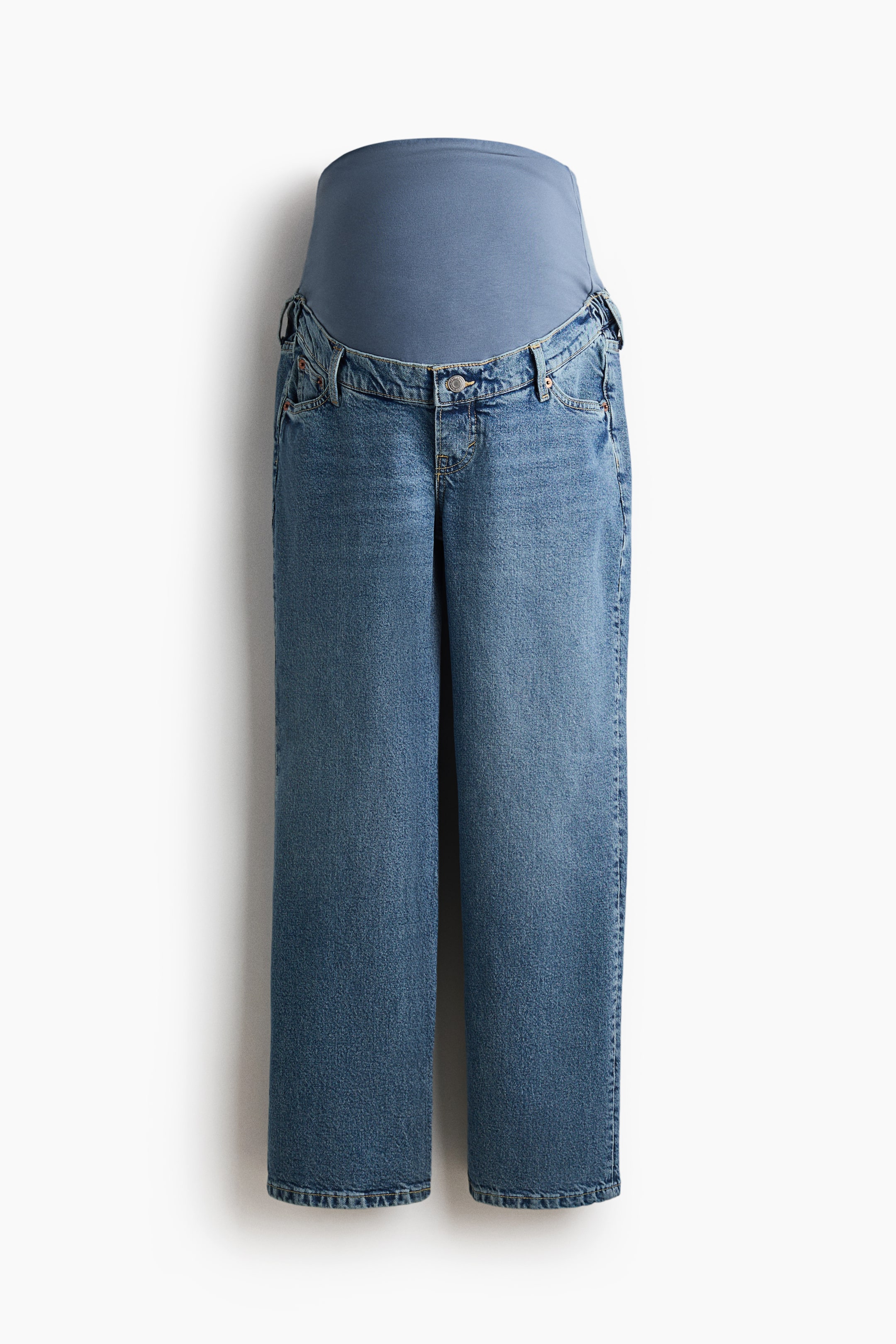 View larger image: The maternity 5-pocket jeans feature a straight leg cut from the front, extending to ankle length. A faux fly and button are visible at the waist, above which is a wide light blue jersey panel with concealed elastic on the sides.