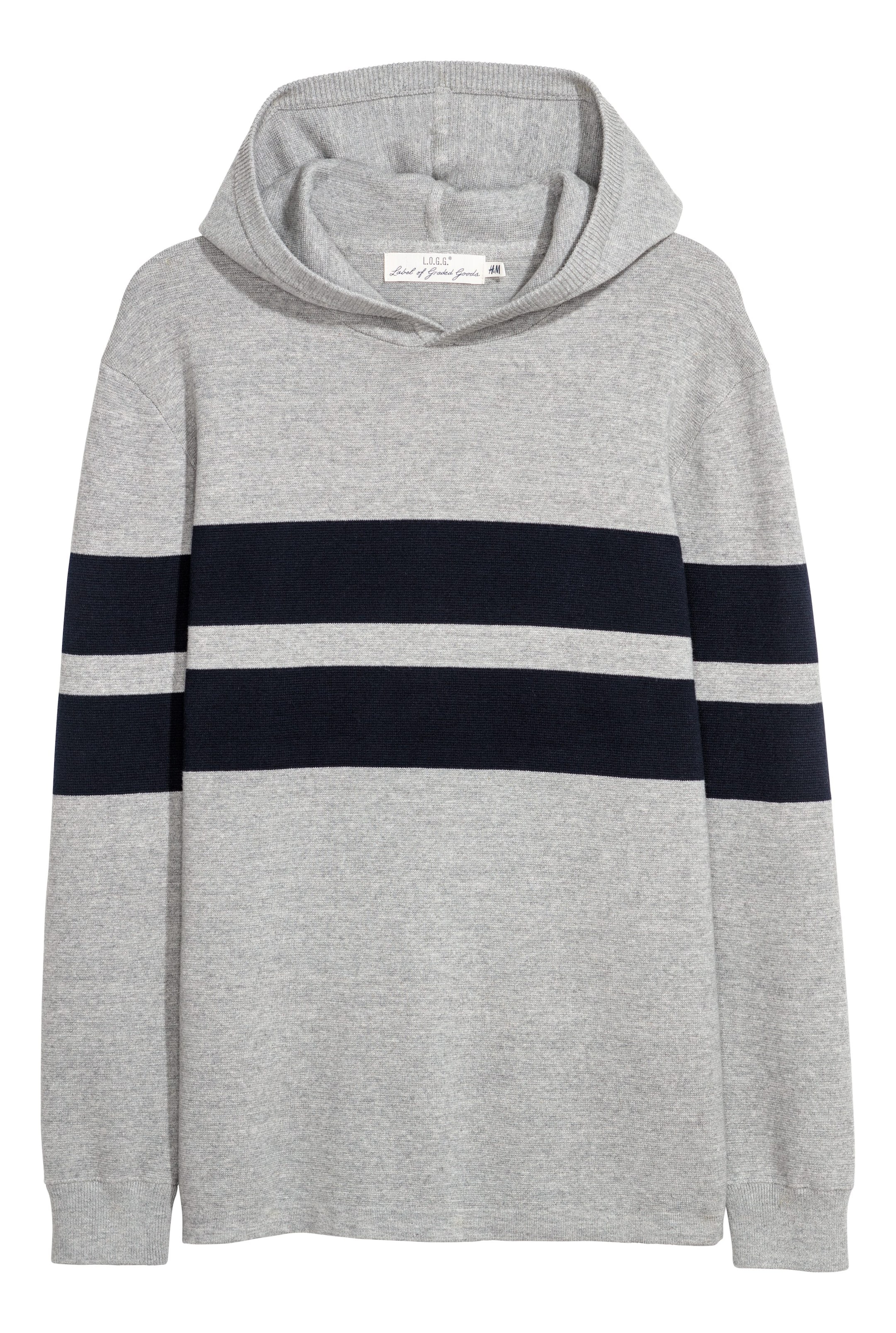 View larger image: Fine-knit hooded jumper - Light grey/Dark blue - Men | H&M 1