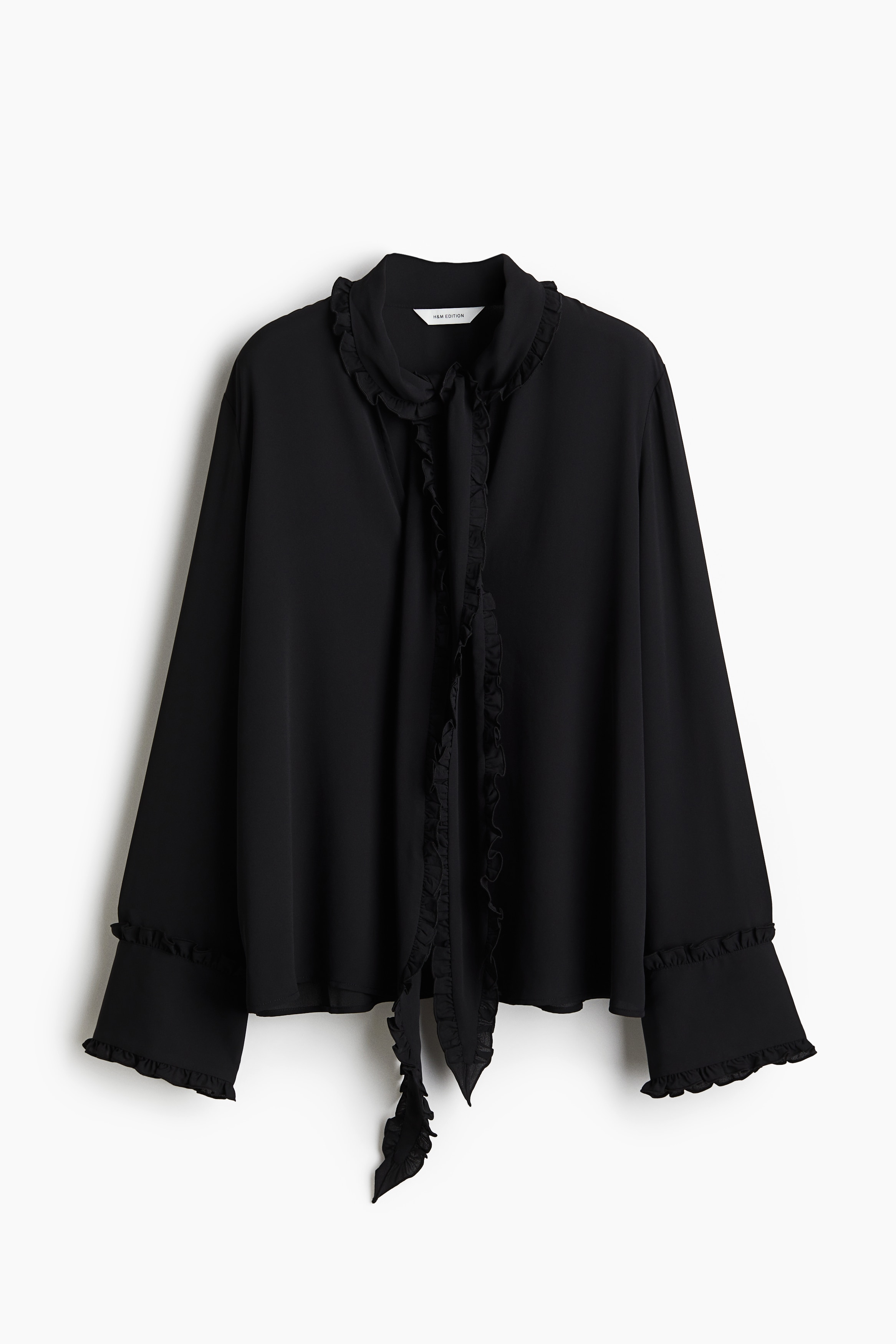 Ladies - Black Frill-trimmed tie-neck blouse - Size: S  - H&M
