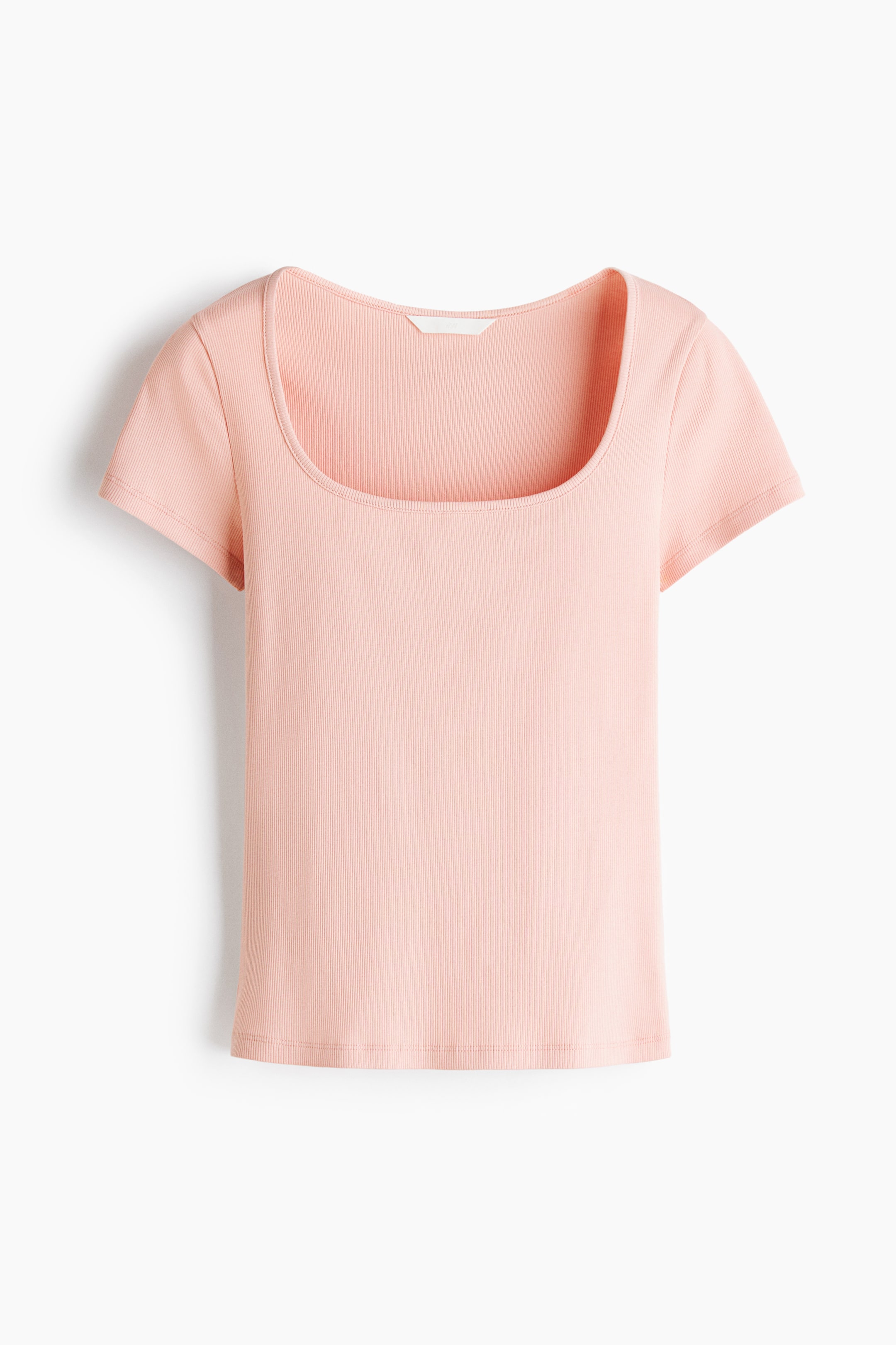 View larger image: A pink ribbed knit top is displaying its front, featuring a square neckline, short sleeves, and a straight hem.