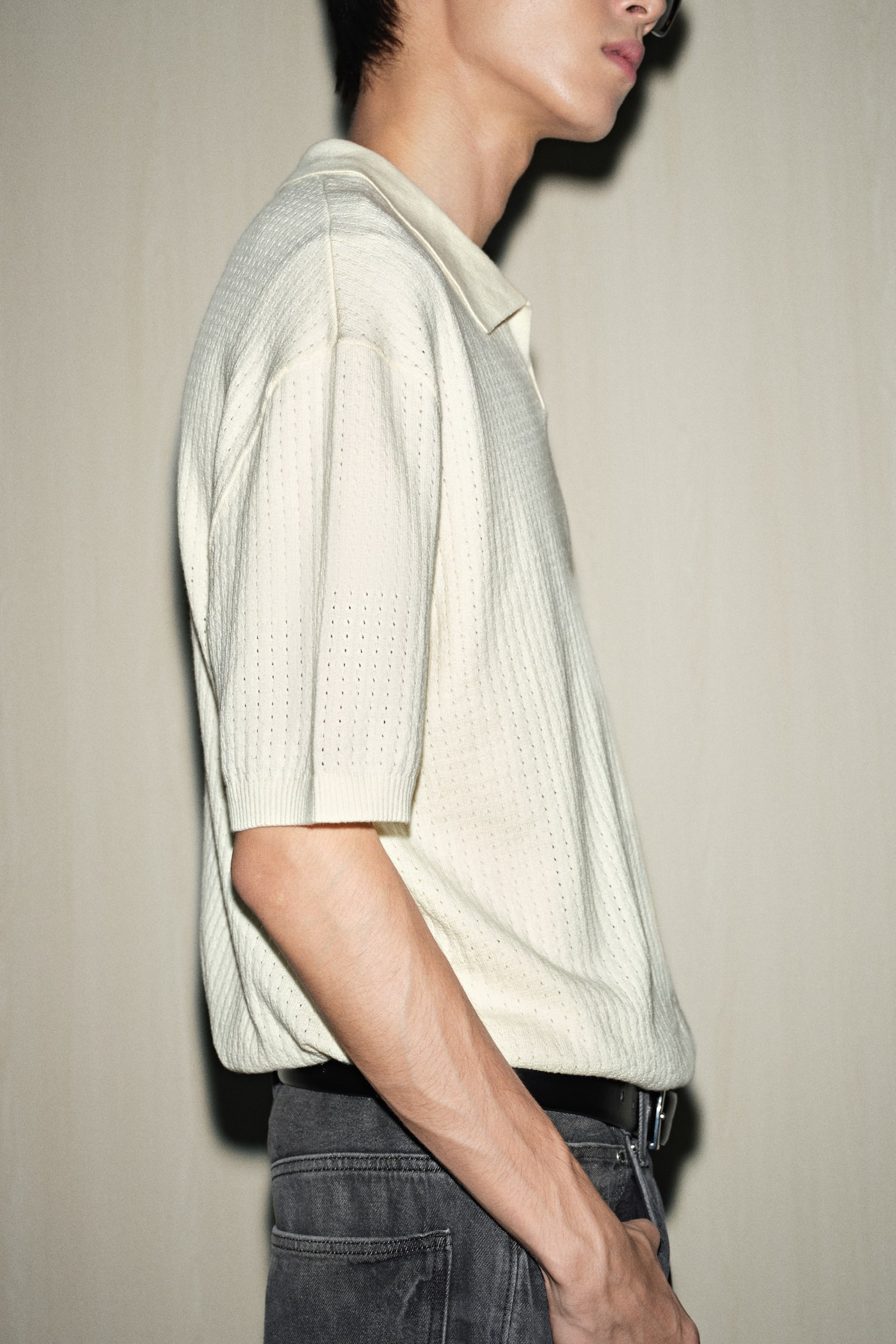 寬鬆剪裁紋理感針織Polo衫 - 奶油色/黑色 - 7