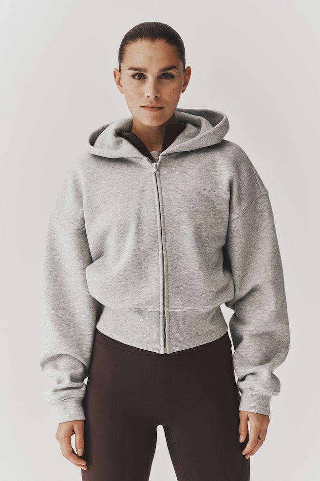 Cropped sports zip-through hoodie - Light grey marl - 1