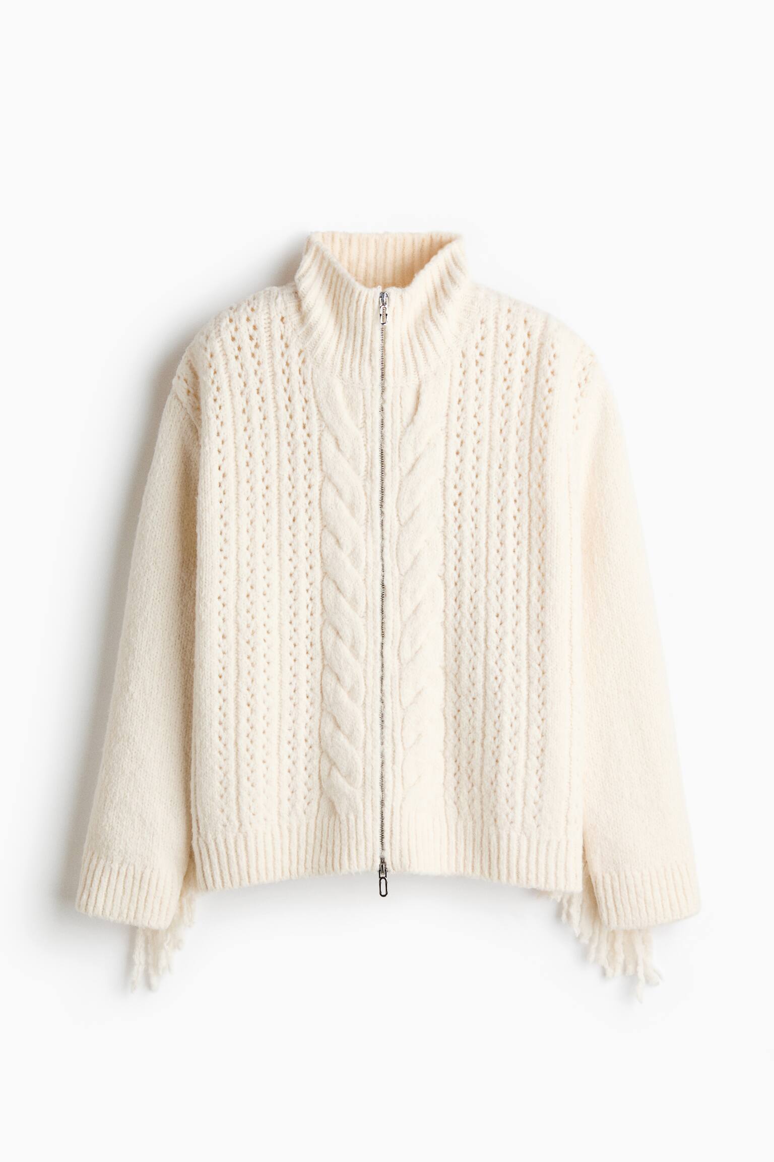 フルジップ フリンジカーディガン - ライトベージュ