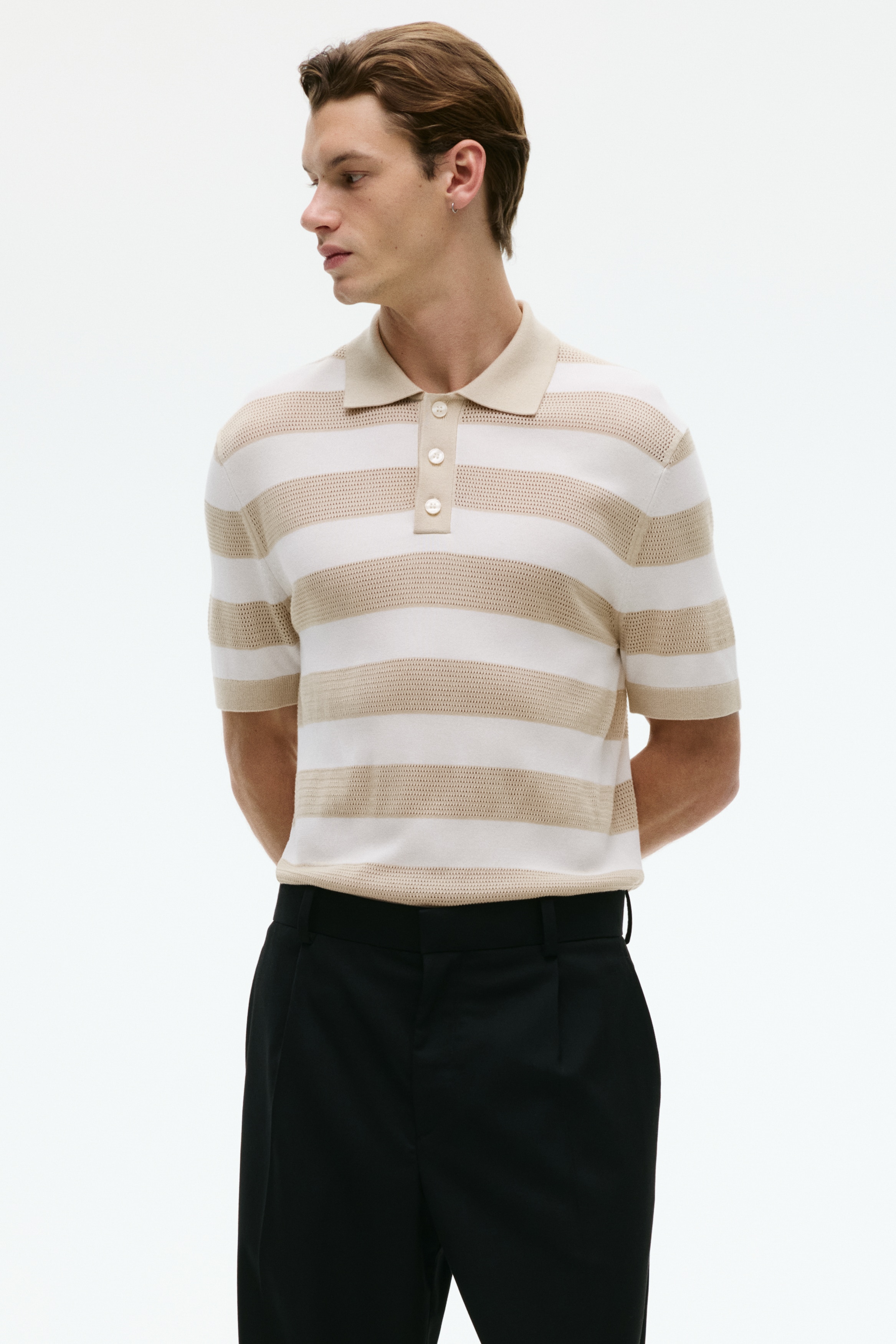 Regular-Fit Fine-Knit Polo Shirt - Light beige/striped/Burgundy/striped