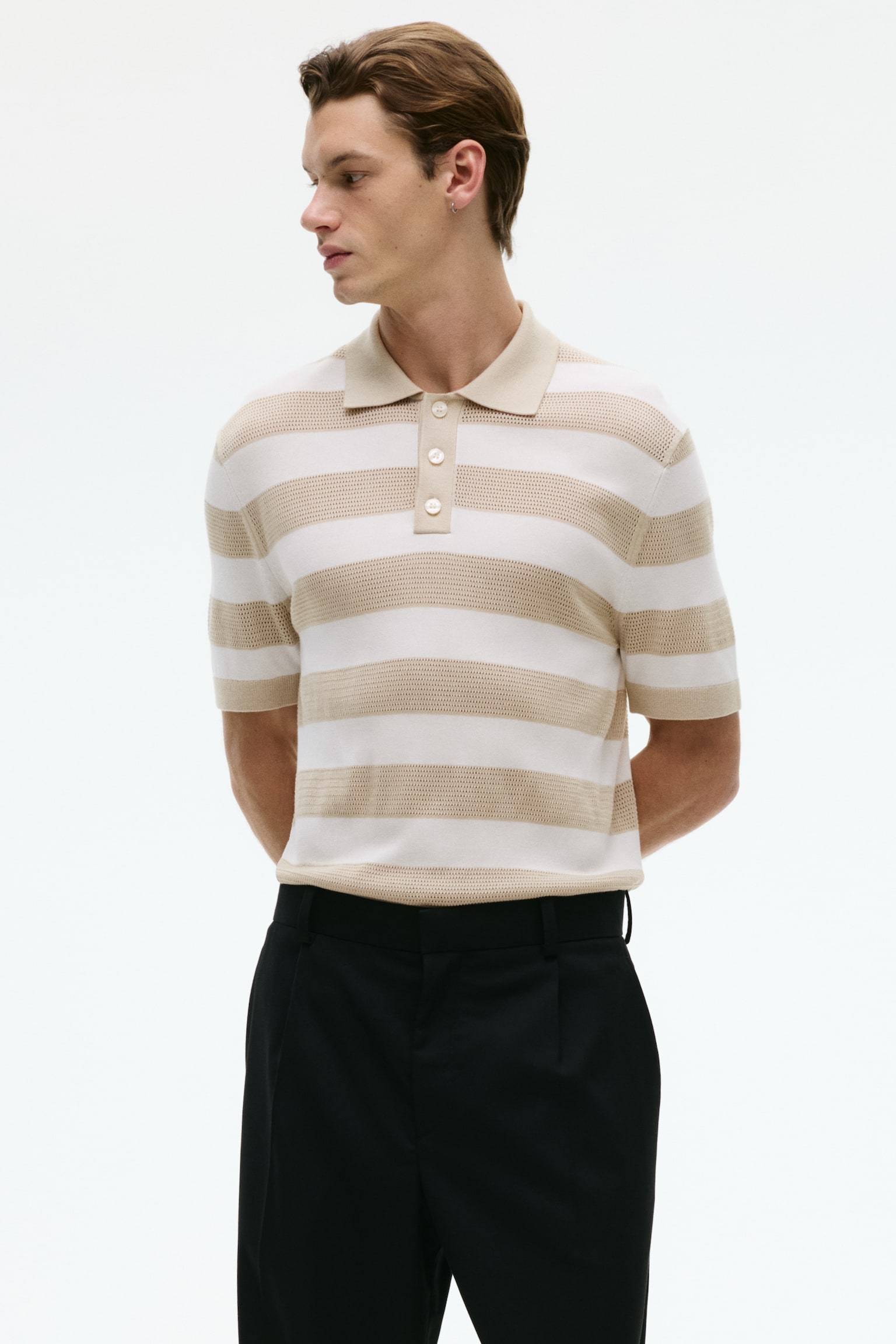 Regular Fit Fine-knit polo shirt - 淺米色/條紋/酒紅色/條紋 - 2