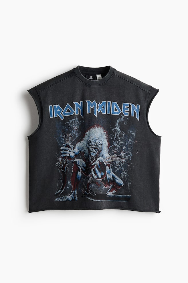 Boxy Oversized Printed Sleeveless T-Shirt - Black/Iron Maiden/White/Guns N' Roses - 1