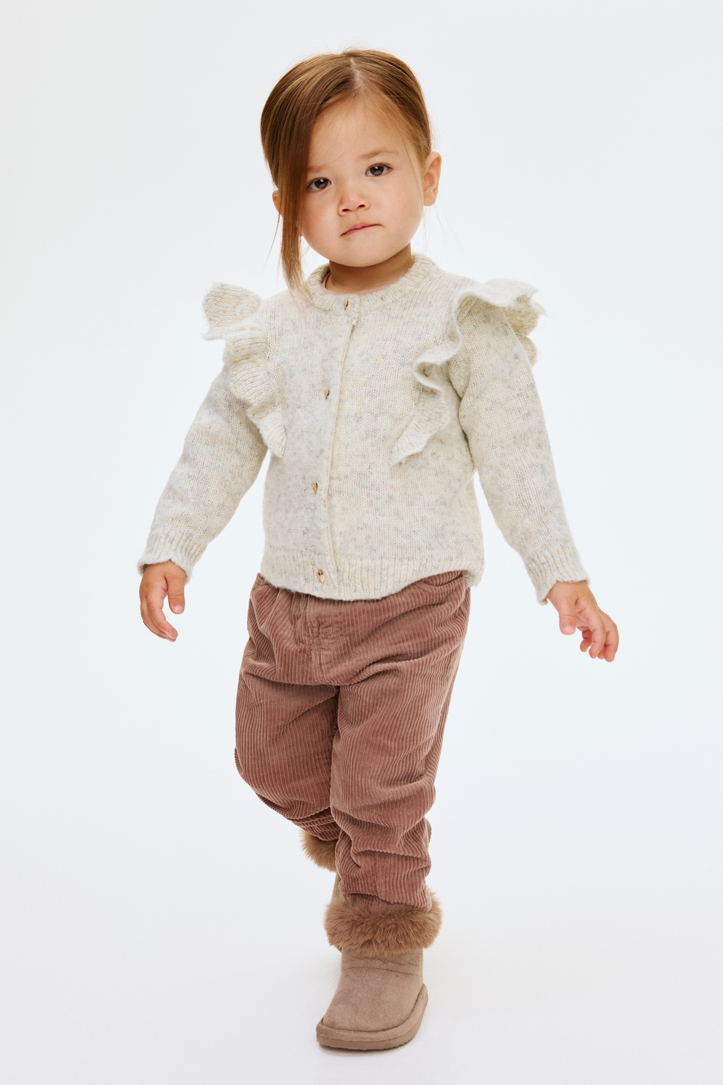 Flounce-Trimmed Cardigan - Cream melange/Light pink melange