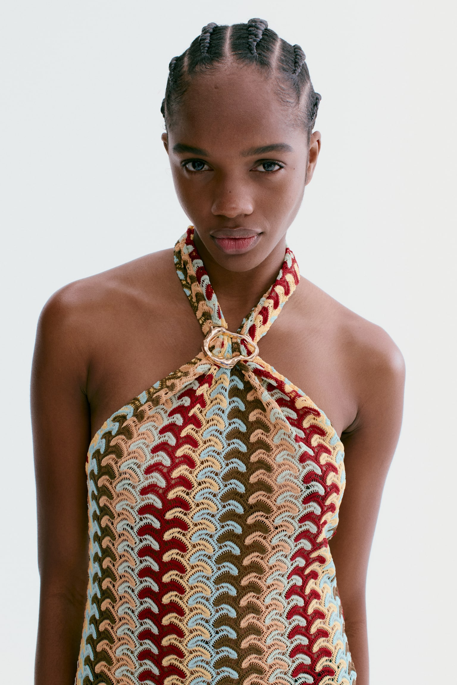 Crochet-look halterneck dress - Light blue/Multi striped - 6