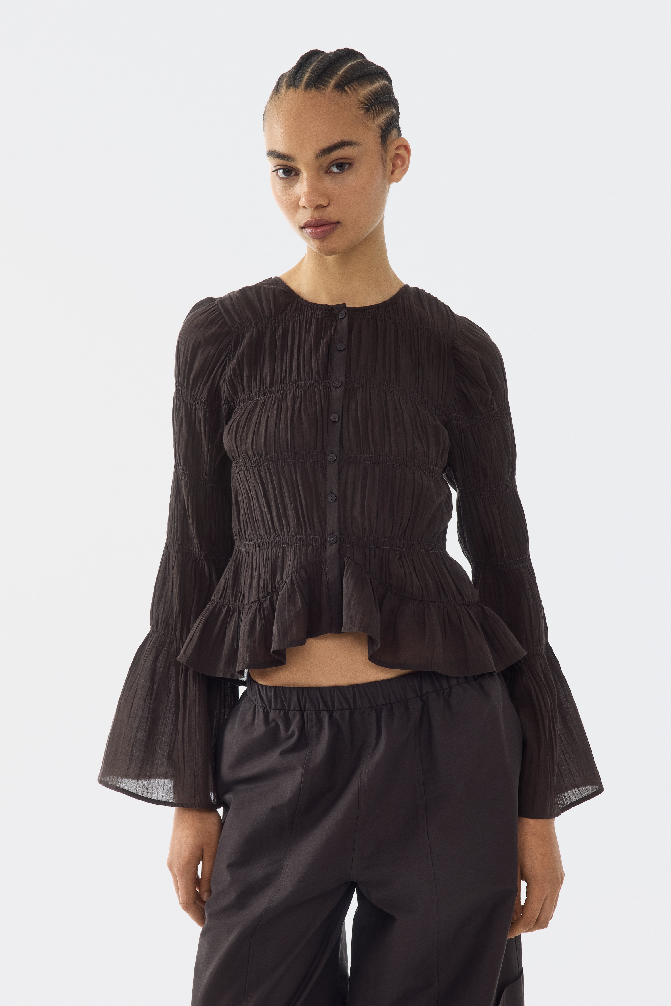 Gesmokte Baumwollbluse - Dunkelbraun/Hellbeige