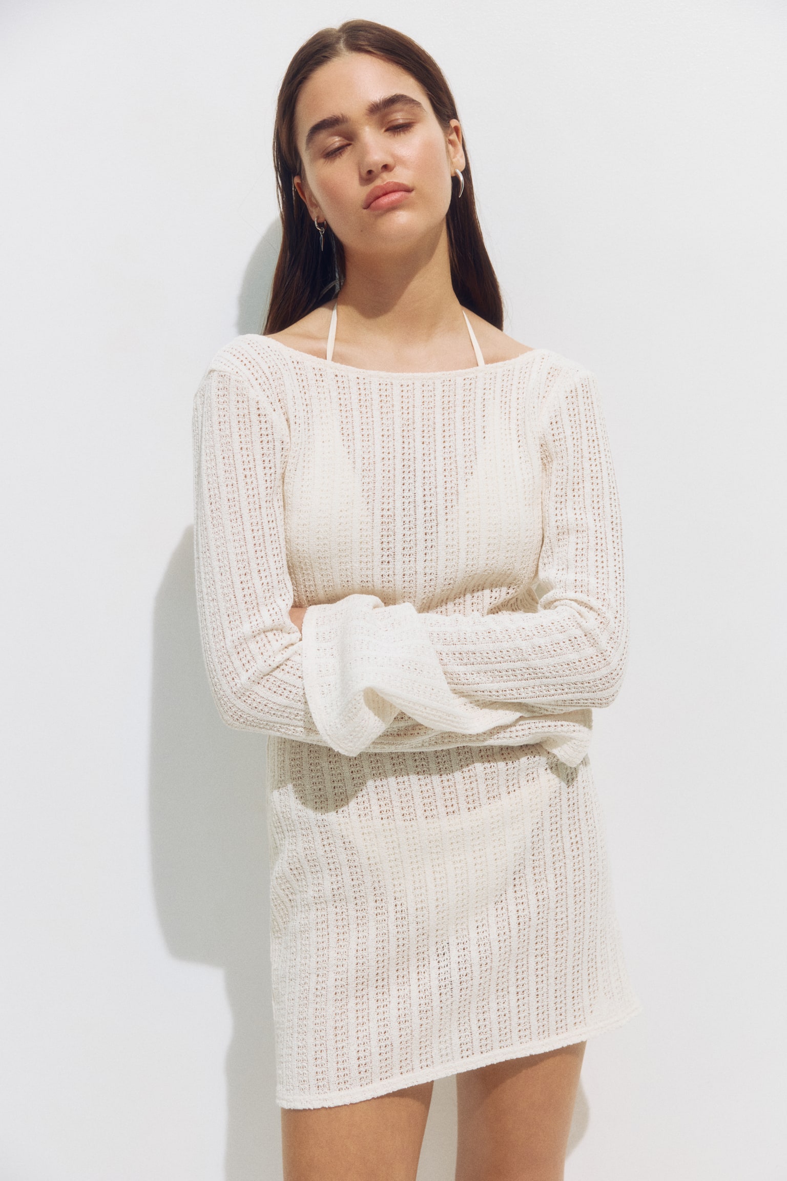 Boat-Neck Beach Dress - White/Dark brown/Dark red - 4