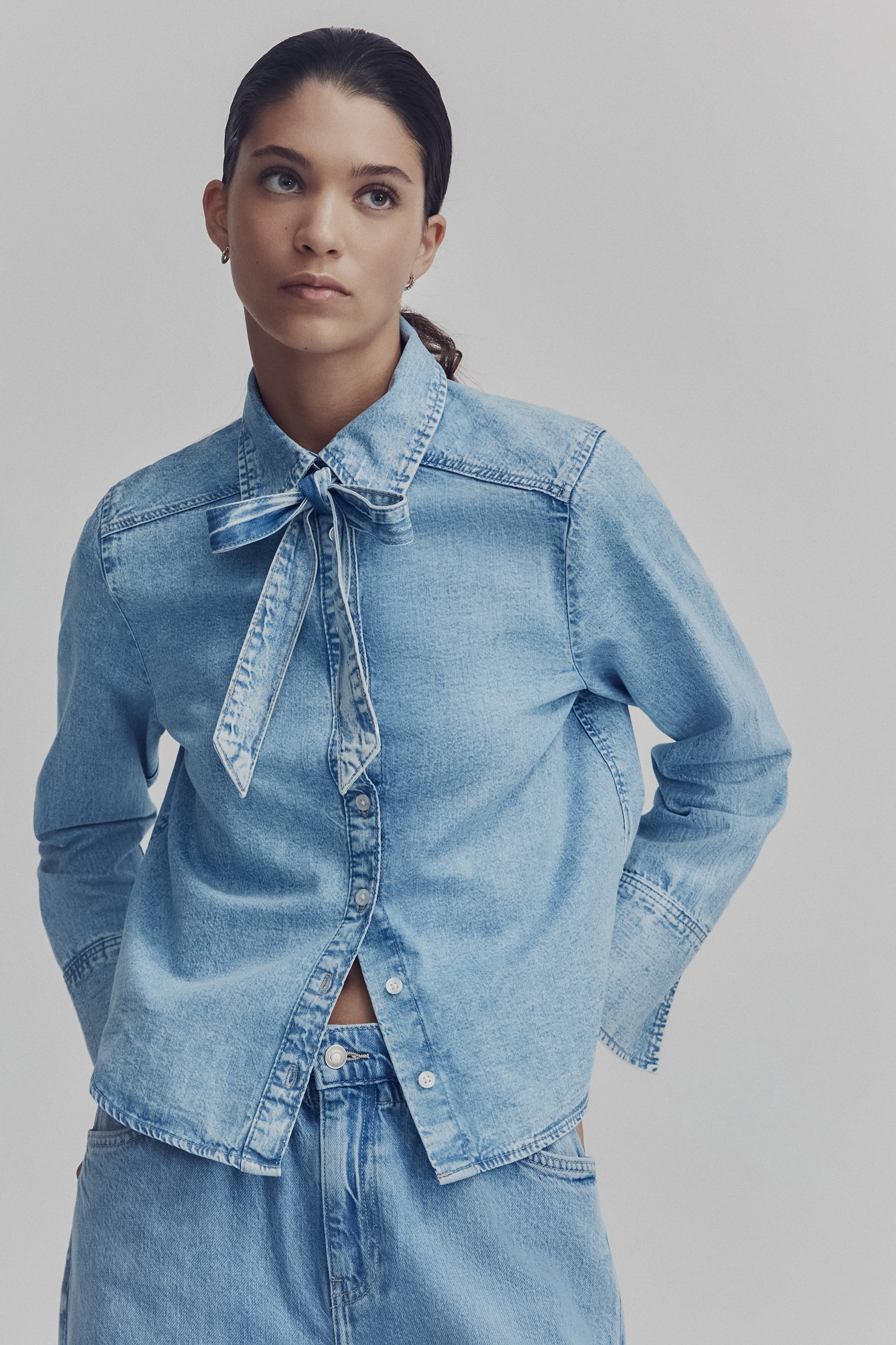 Bow-detail denim blouse