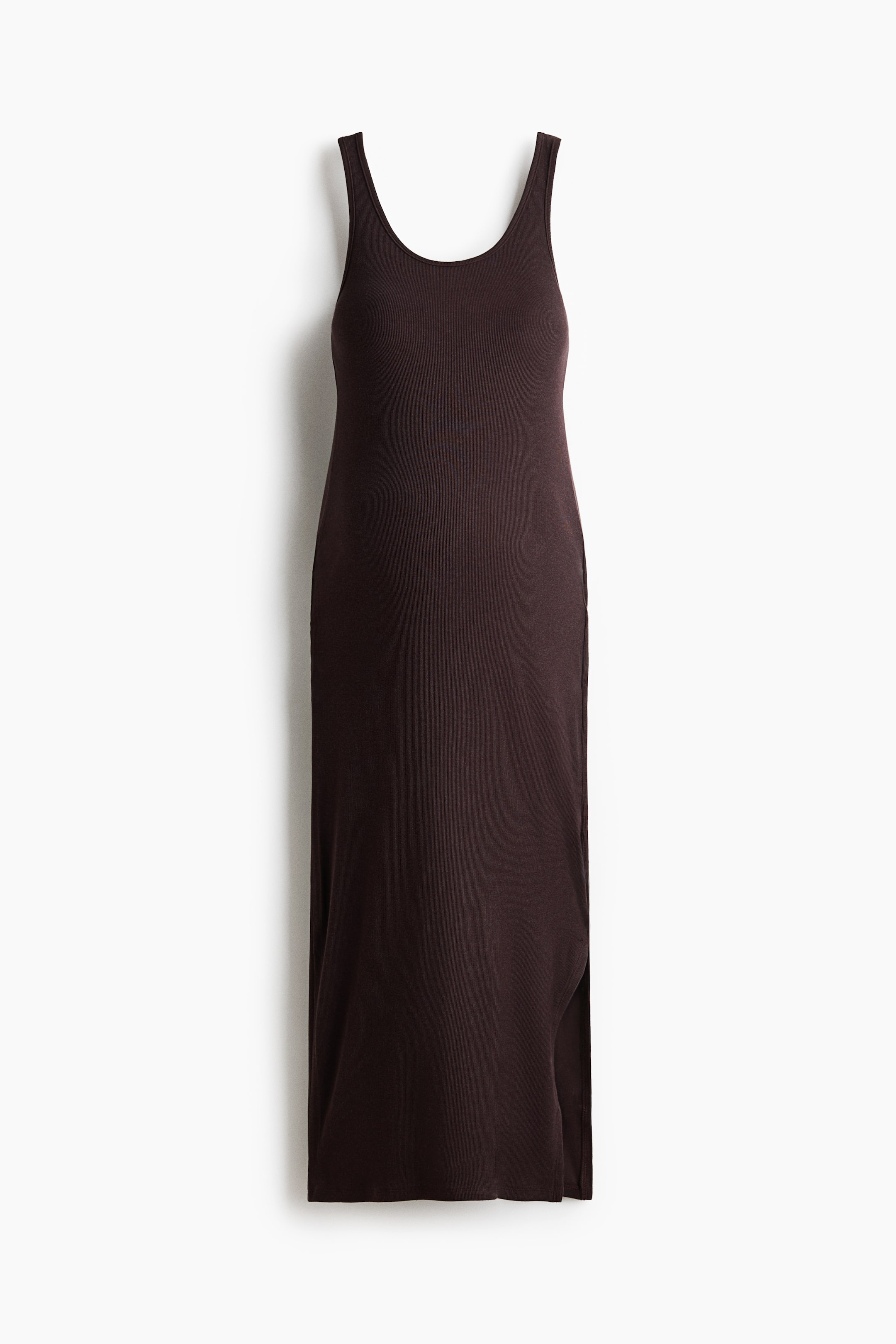 View larger image: Presenting a dark brown ribbed knit maxi dress from the front. This dress features a scoop neckline, a sleeveless design, and a high side slit on the left.