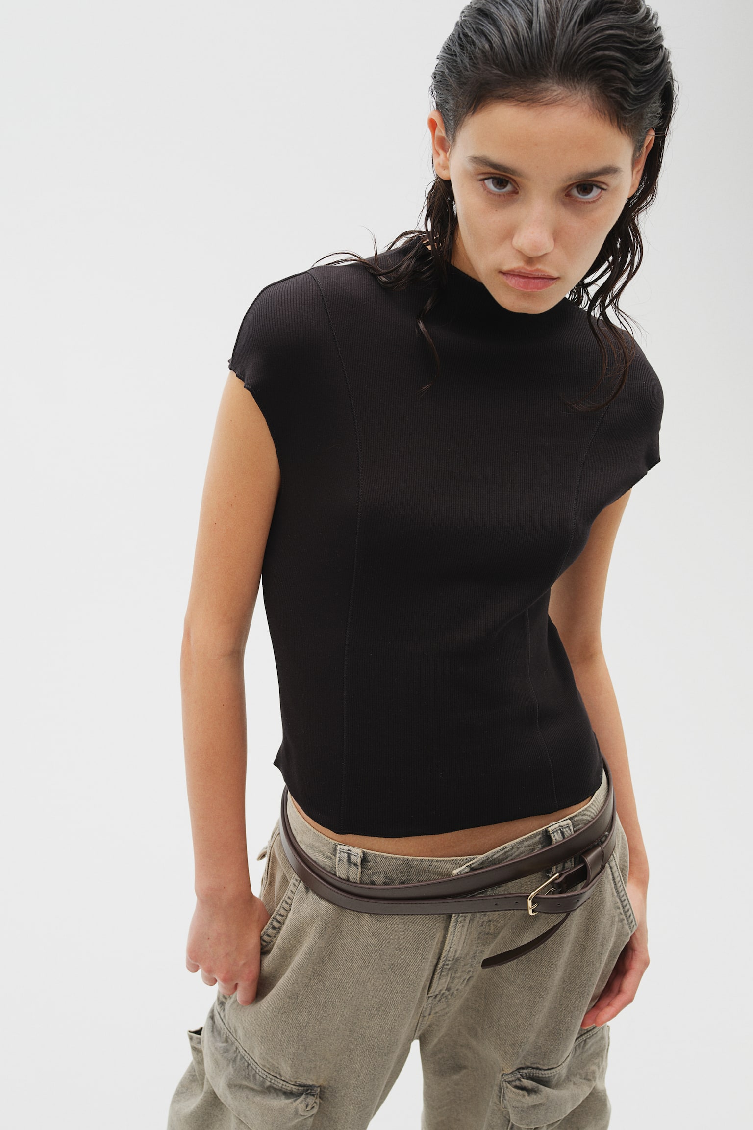 Ribbed turtleneck top - Black/White/Dark grey/Greige/Blue - 4