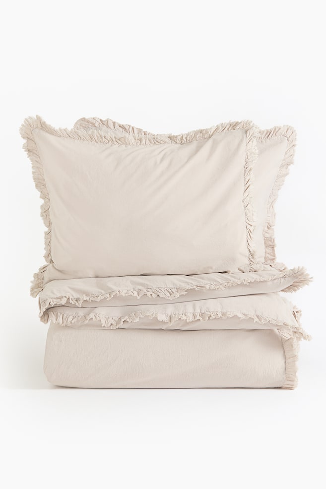 Ruffle-trimmed King/Queen Duvet Cover Set - Light beige/White - 1