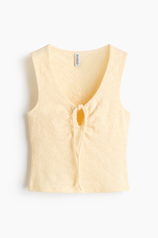 Pointelle-Knit Top - Light yellow/White/Dark blue - 1