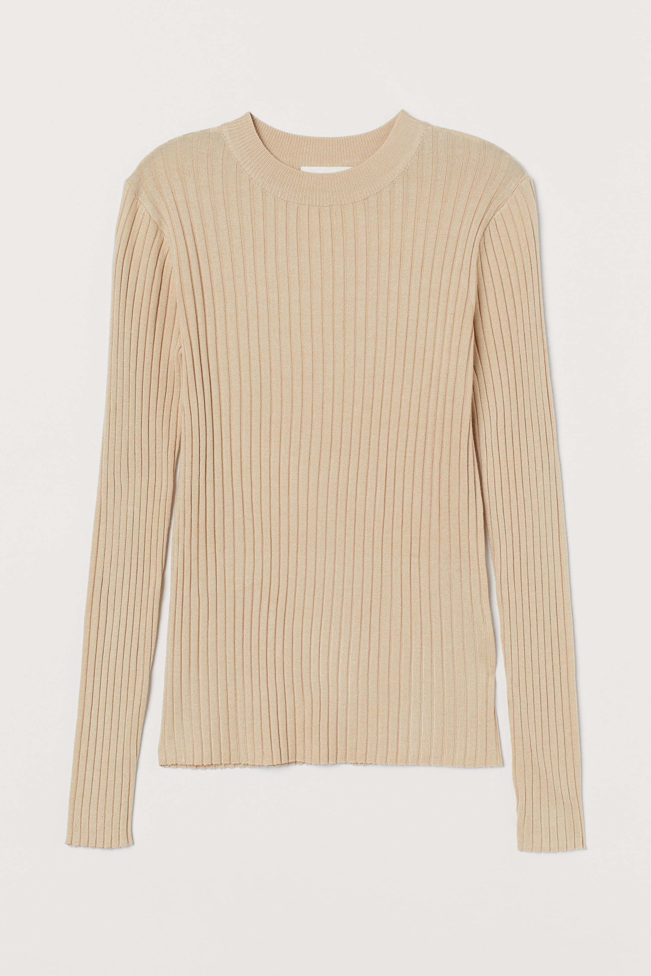 Ribbed top - Round neck - Long sleeve - Light beige - Ladies | H&M GB