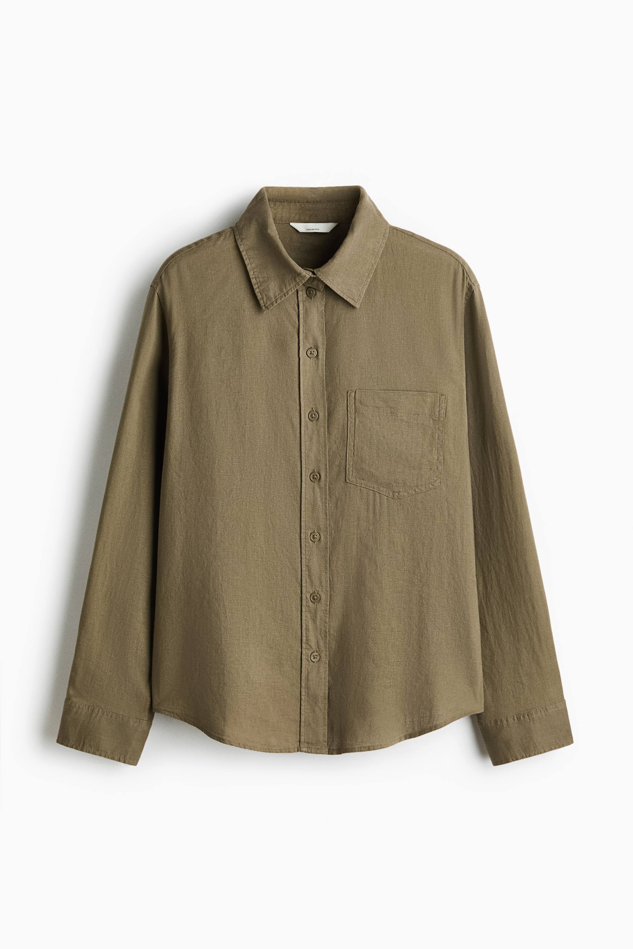 View larger image: An olive green shirt crafted from a linen and viscose blend with a breezy weave showcases its FRONT. It comes with a collar, buttoned front, an open chest pocket, long sleeves with buttoned cuffs, and a rounded hem.