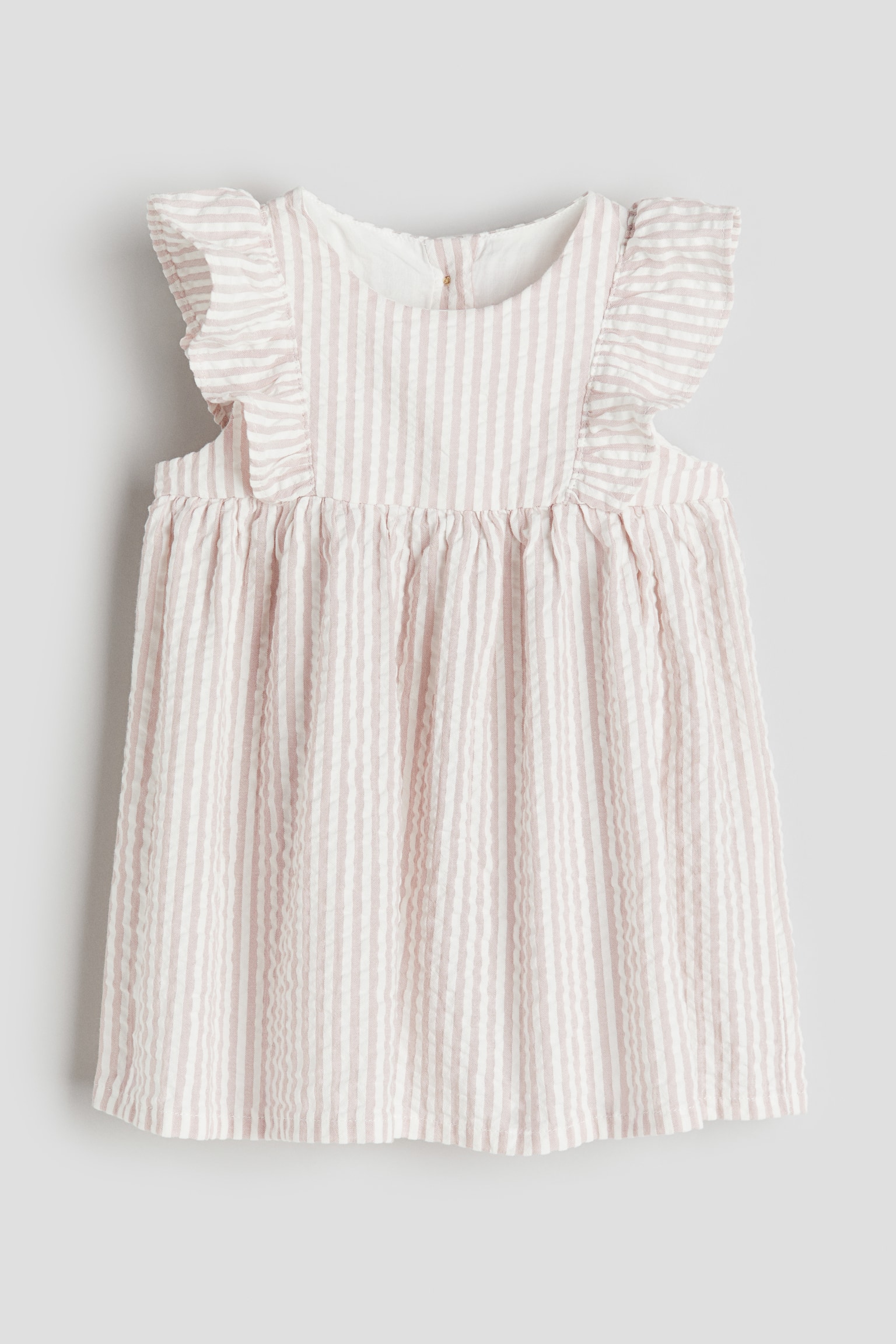 Flounce-trimmed cotton dress - Light dusty pink/Striped - 1