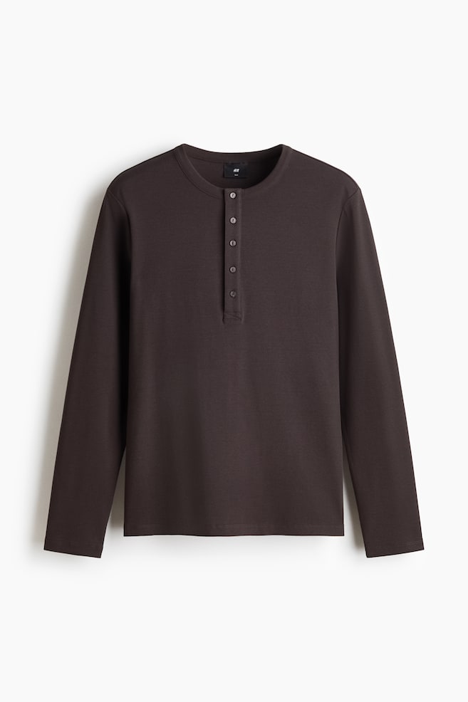 Slim-Fit Ribbed Henley Shirt - Dark brown/Cream/Black - 1