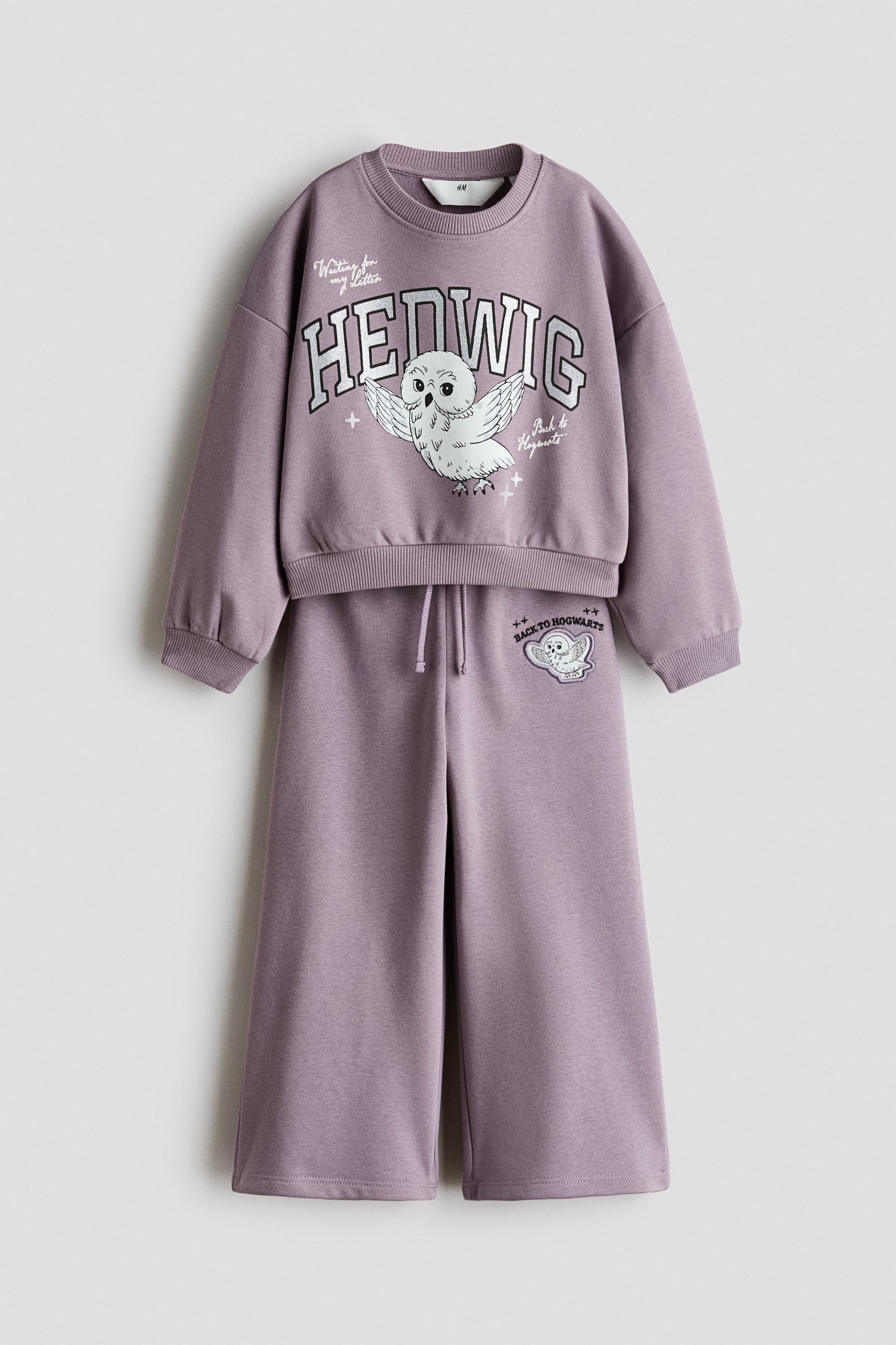 Agrandir l'image: Cette vue de face présente un ensemble sweat et pantalon de jogging mauve en tissu molletonné doux. Le sweat à manches longues est doté d’un col rond bordé de côtes, de manches tombantes et d’un grand imprimé Hedwig en forme de chouette sur la poitrine, tandis que le pantalon assorti à jambe droite affiche une taille élastiquée à cordon de serrage avec un petit imprimé de chouette sur le haut de la jambe gauche.
