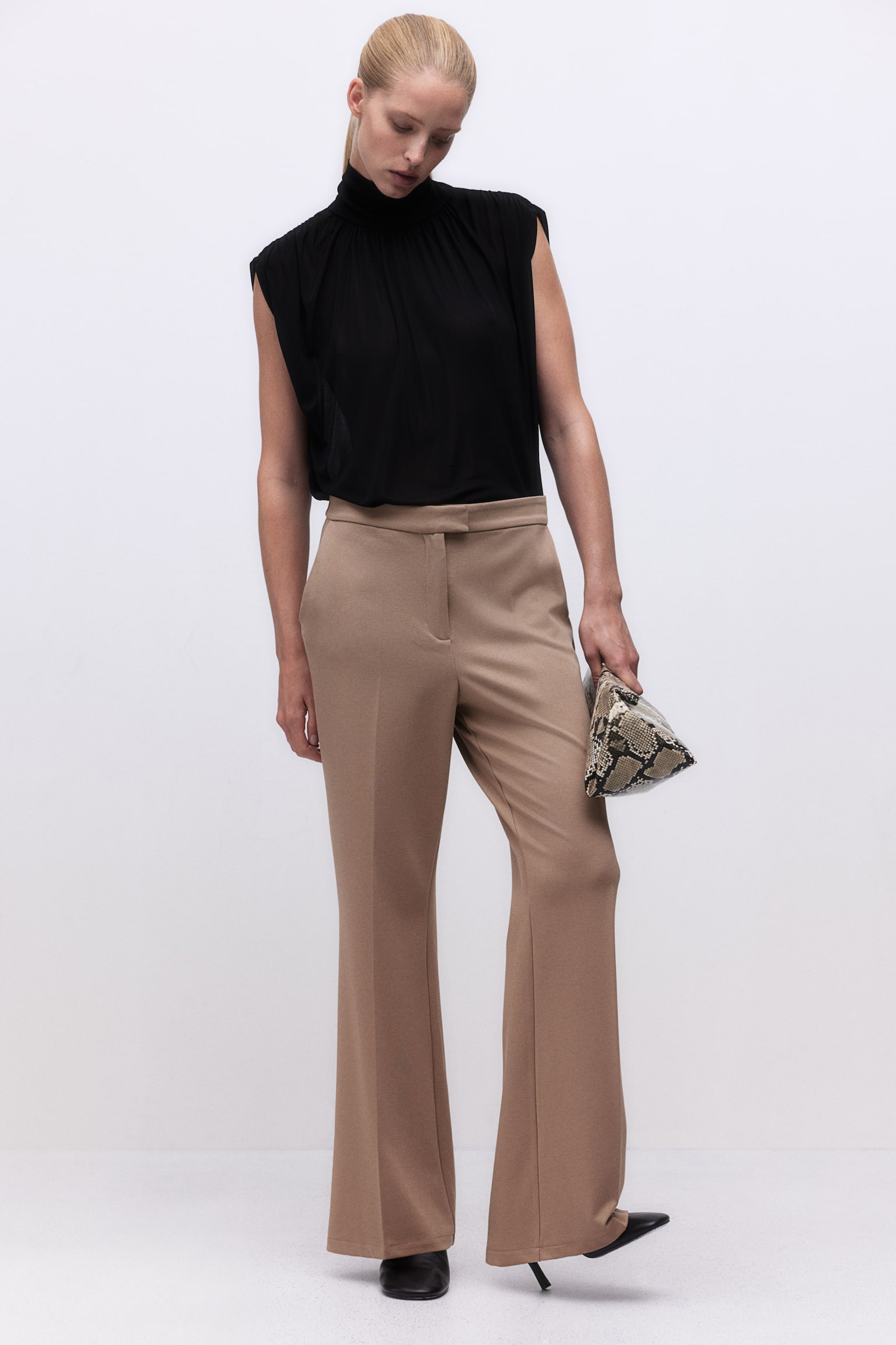 Flared jersey trousers - Beige/Black - 1