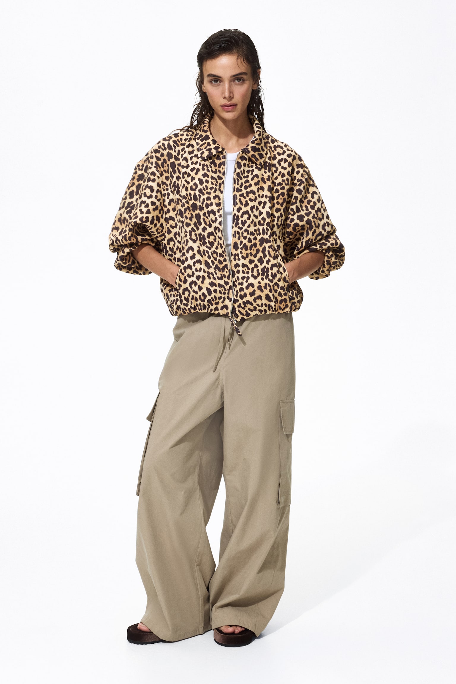 Oversized bubble-hem jacket - Beige/Leopard print/Khaki green/Dark rust brown - 4