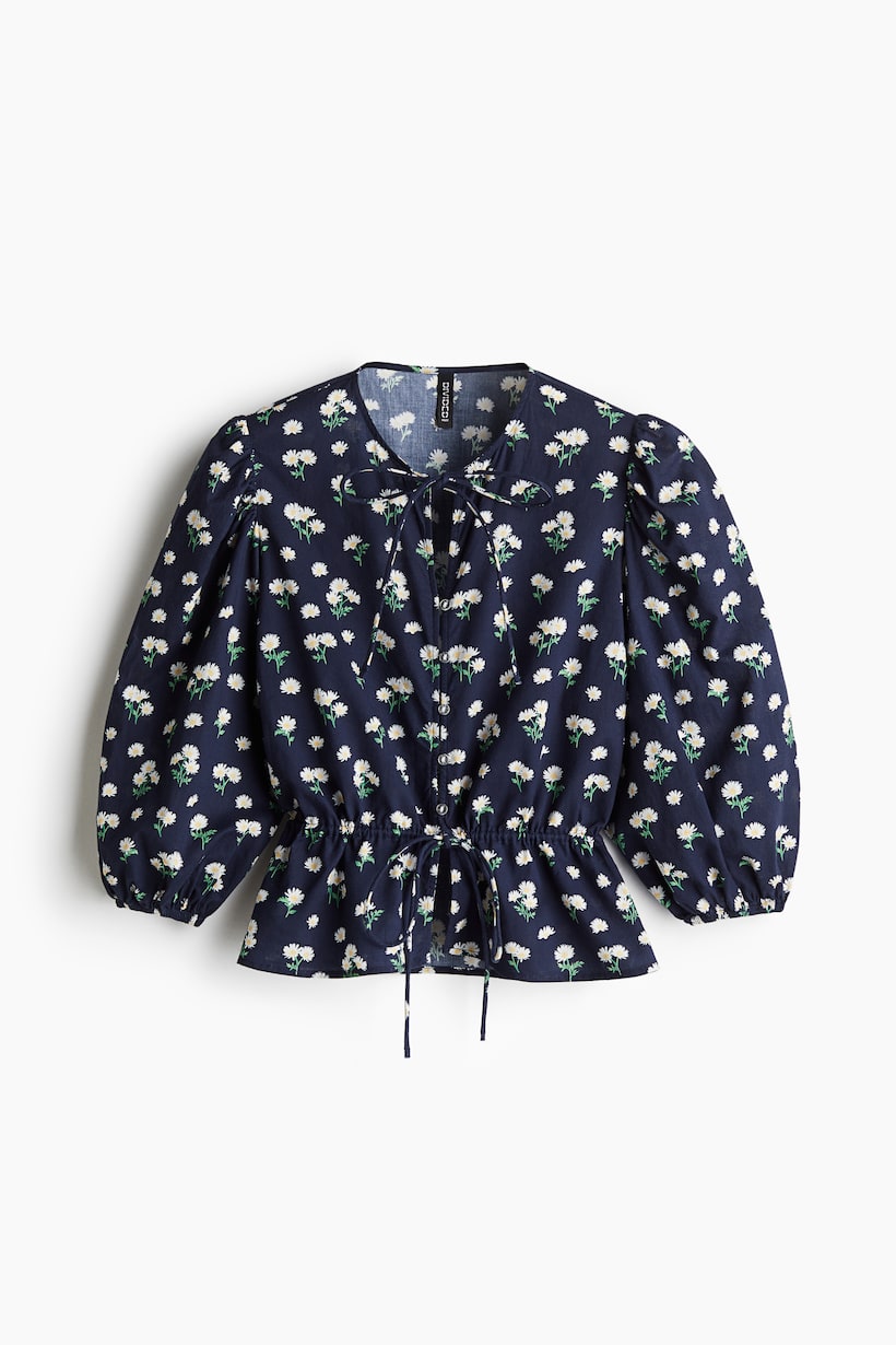 H&M Navy Shell Print Sheer Blouse XS
