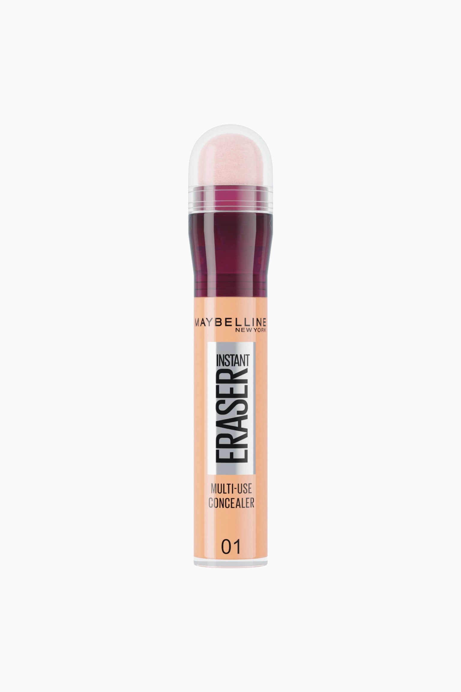 Maybelline Instant Eraser Multi-Use Concealer stÃ¥r oprejst i en frontvendt visning og viser en lysebeige flydende formel i et gennemsigtigt cylindrisk hylster. Produktet har en afrundet lyserÃ¸d svampeapplikator under en transparent hÃ¦tte, en gennemsigtig bordeauxfarvet hals og tydelig sort branding pÃ¥ forsiden. - 1