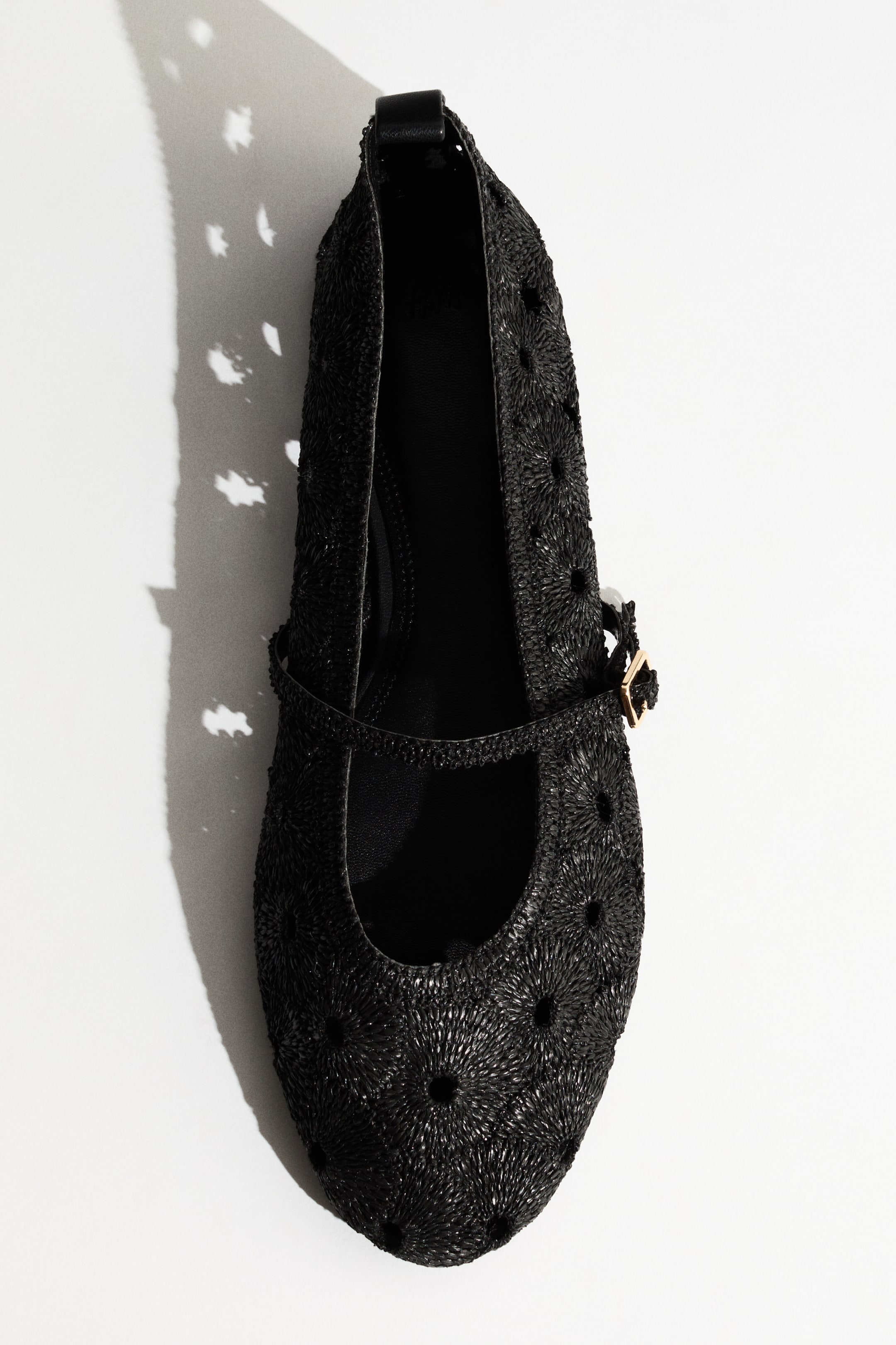 View larger image: A black Mary Jane flat shoe is resting, showcasing a textured upper with circular patterns crafted from tightly packed, short fibers, each design featuring a small central opening. A slim strap with a petite gold-toned buckle crosses the instep.
