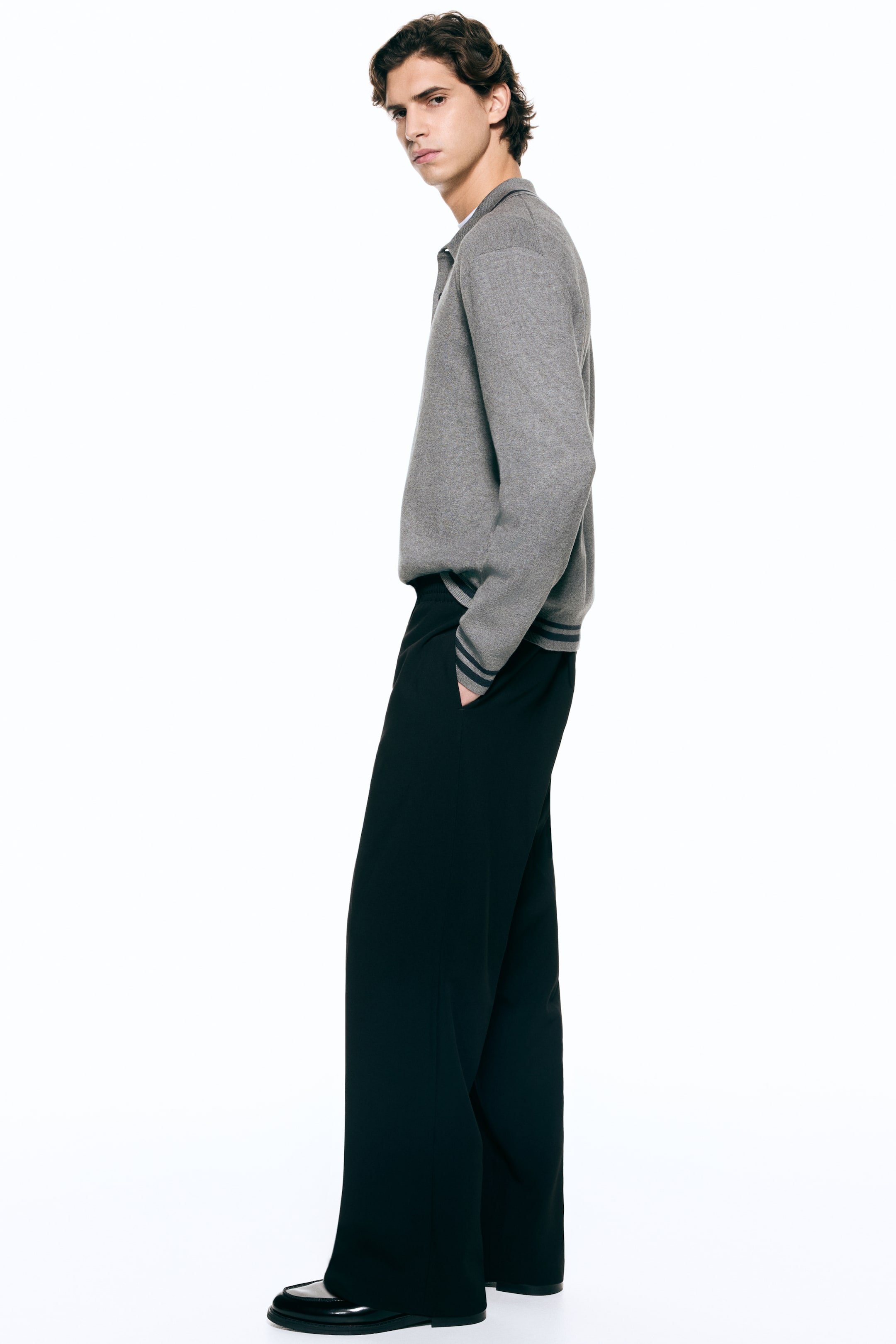 View larger image: Relaxed Fit Long-sleeved Polo shirt - Dark grey/Stripes - Men | H&M IN 4