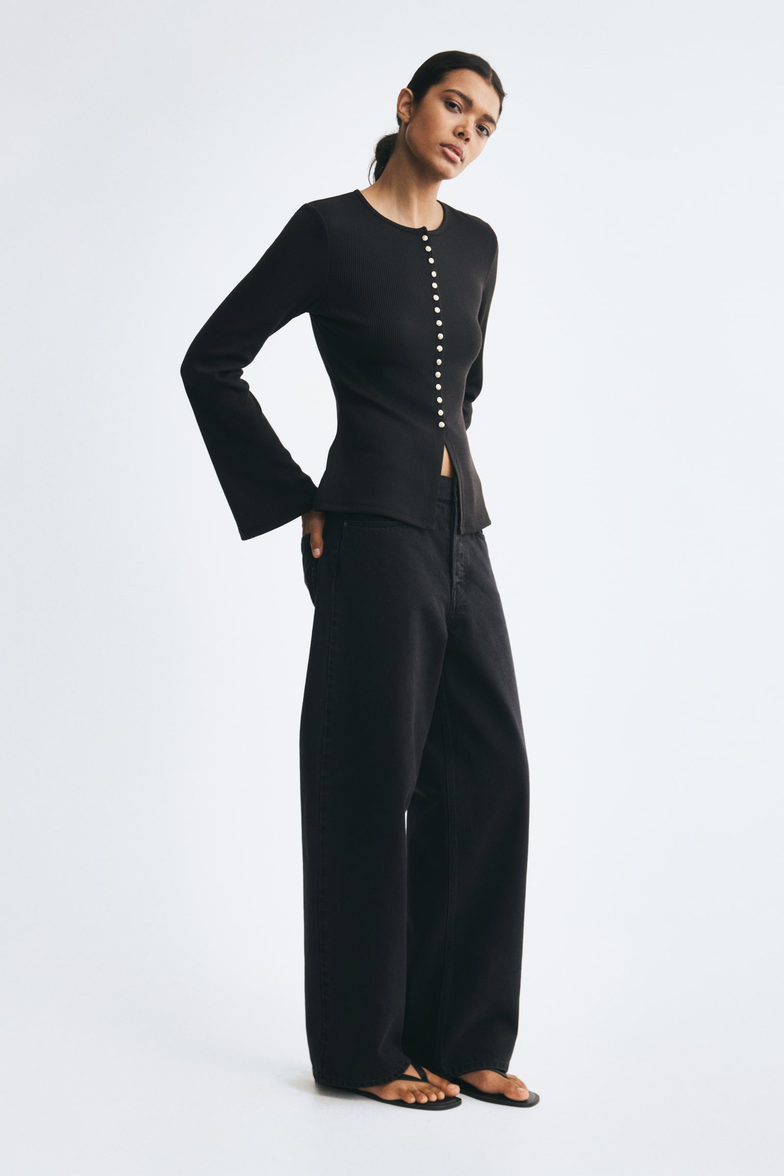 Женский кардиган H&M Fitted Rib-Knit, цвет: Чёрный — фото 4