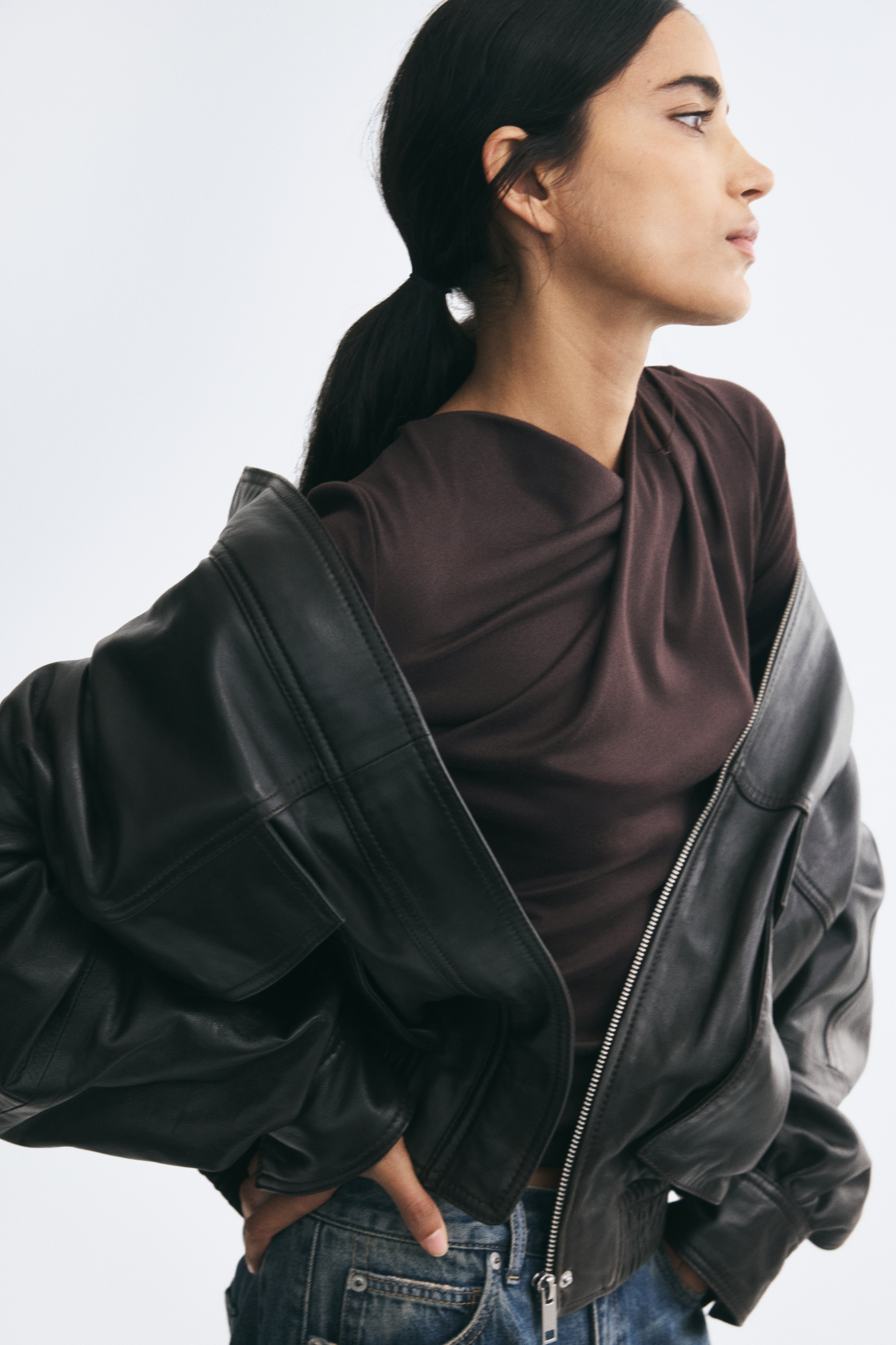 Draped asymmetric top - Dark brown/Light dusty green