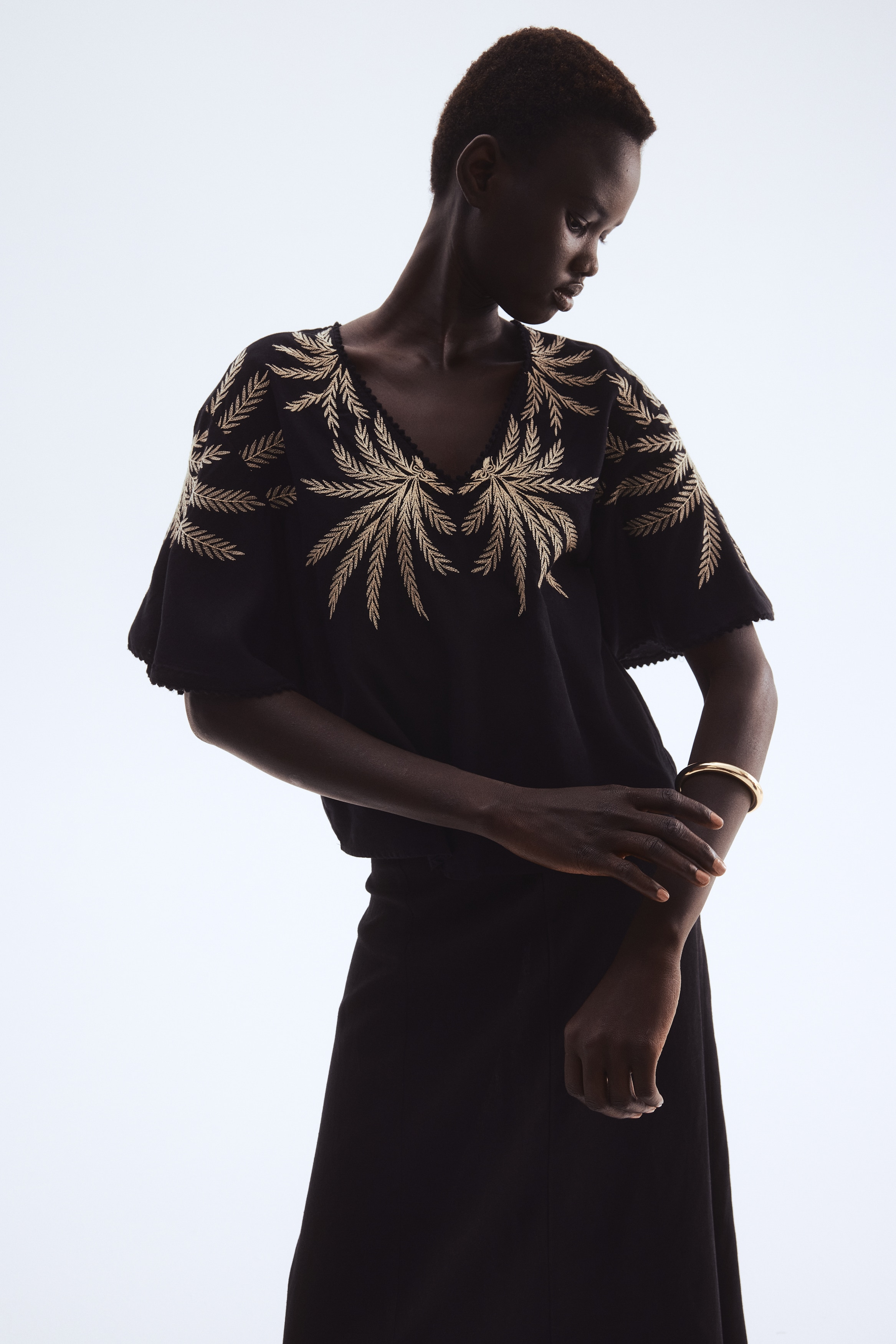 Signore - Nero/foglie di palma Top con ricami - Size: S  - H&M