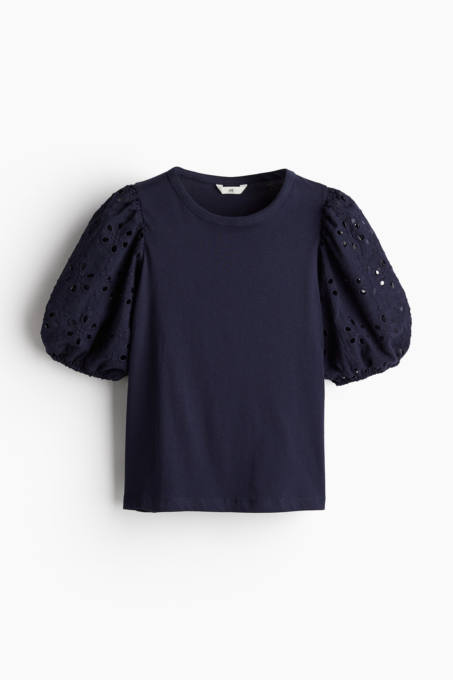 Broderie-anglaise-sleeve top - Navy blue/White/Black - 2