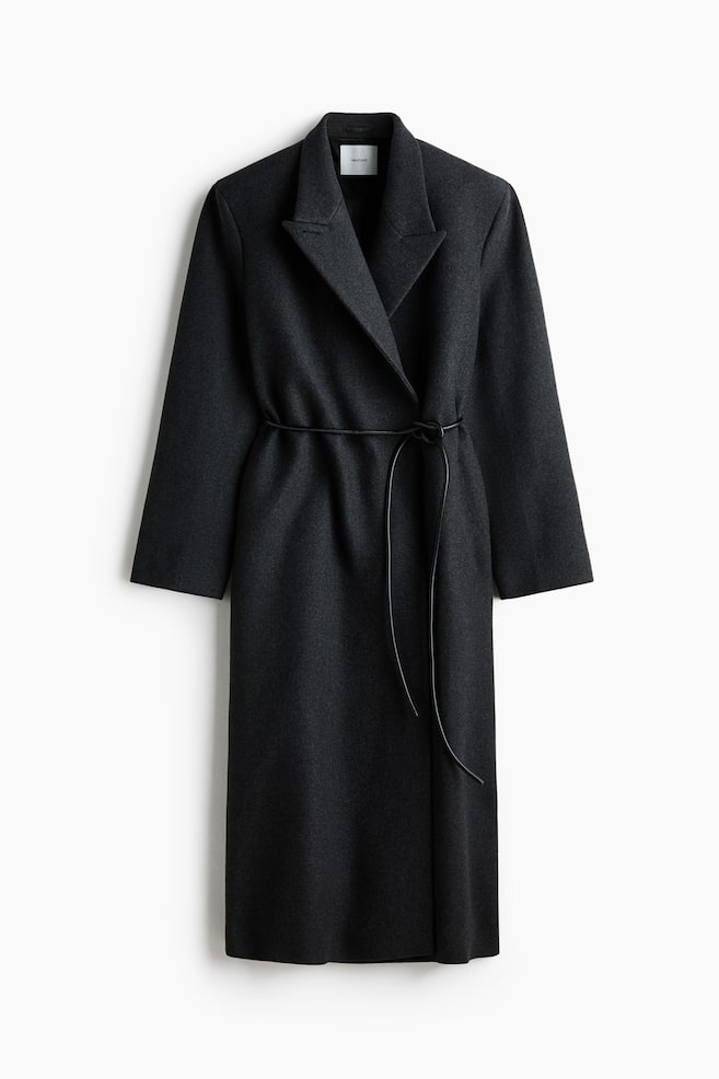 Manteau en laine mélangée avec ceinture à nouer - Gris foncé chiné - 1