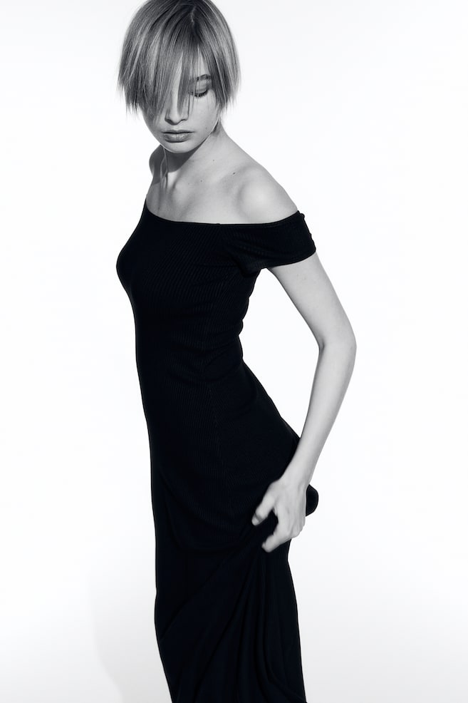 Rib-knit off-the-shoulder dress - Black/Black/Striped - 3