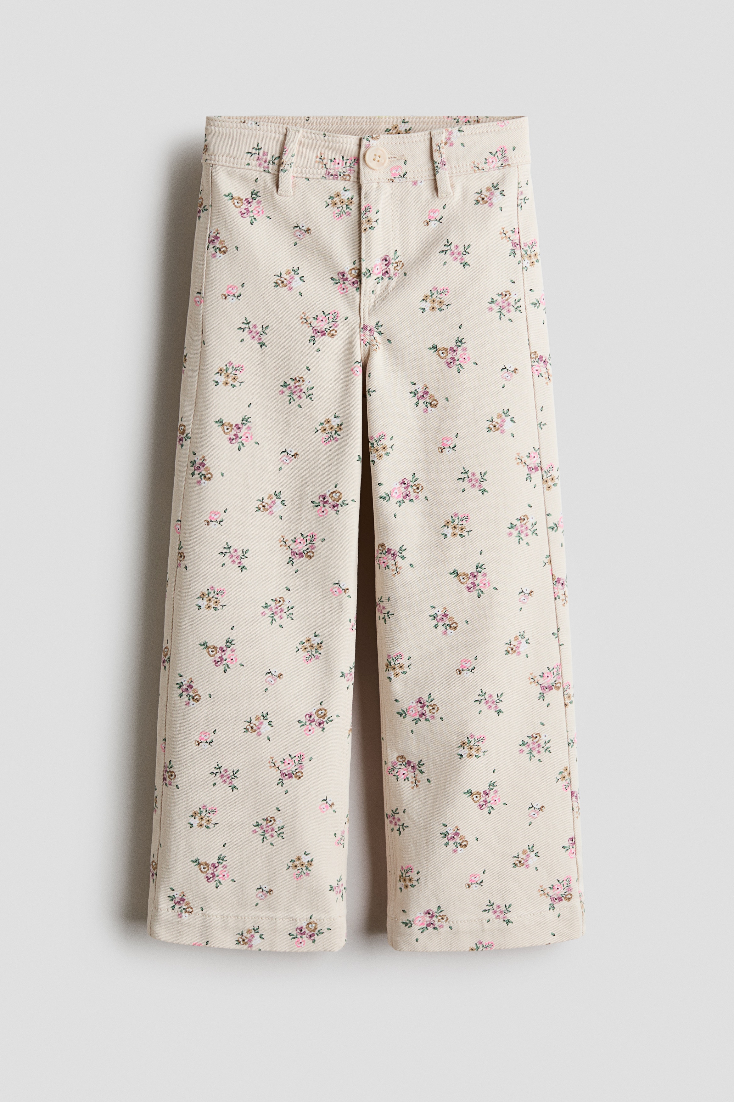 Wide Leg Pattern Twill Pants - Light beige/Floral